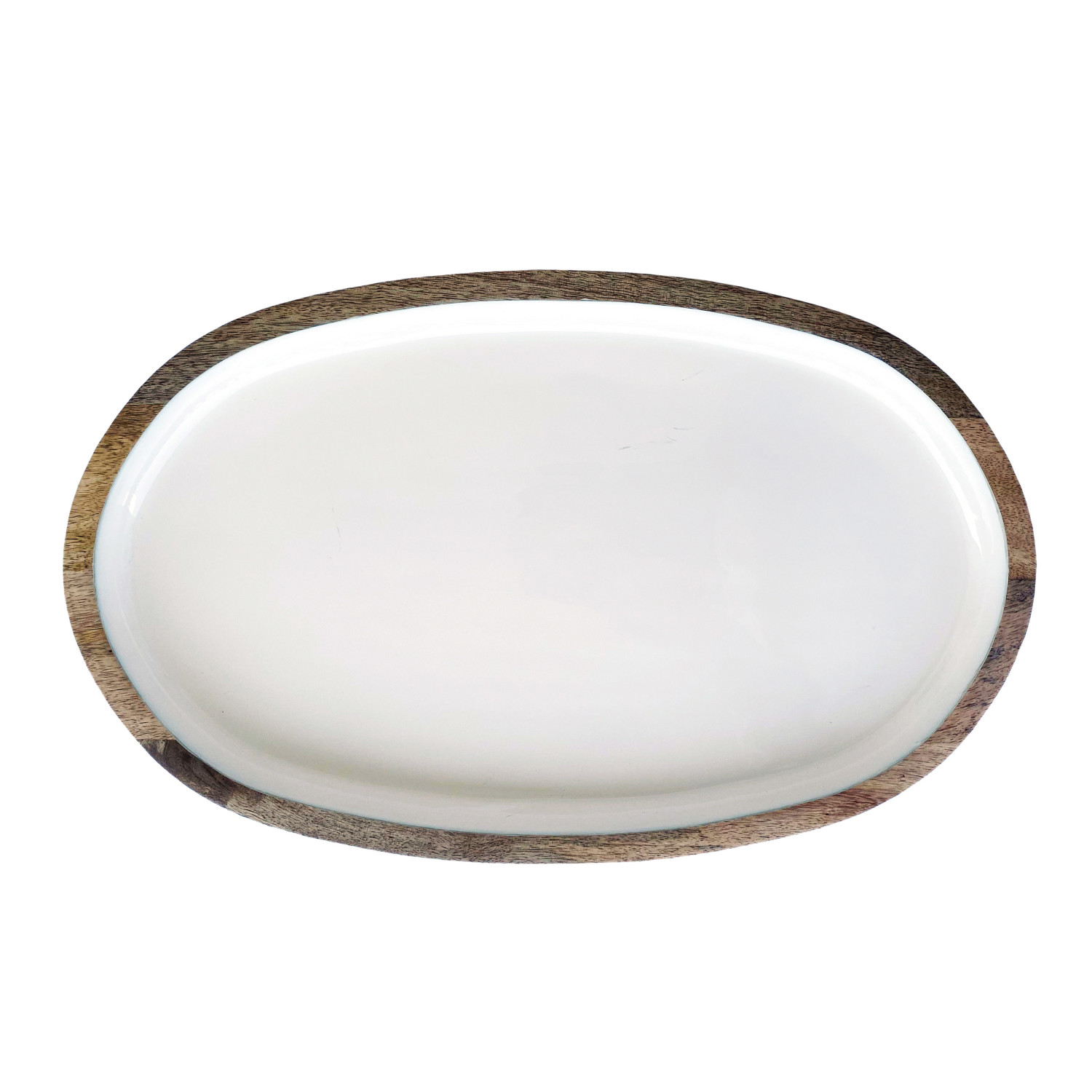 Enameled Mango Wood Tray, White & Natural