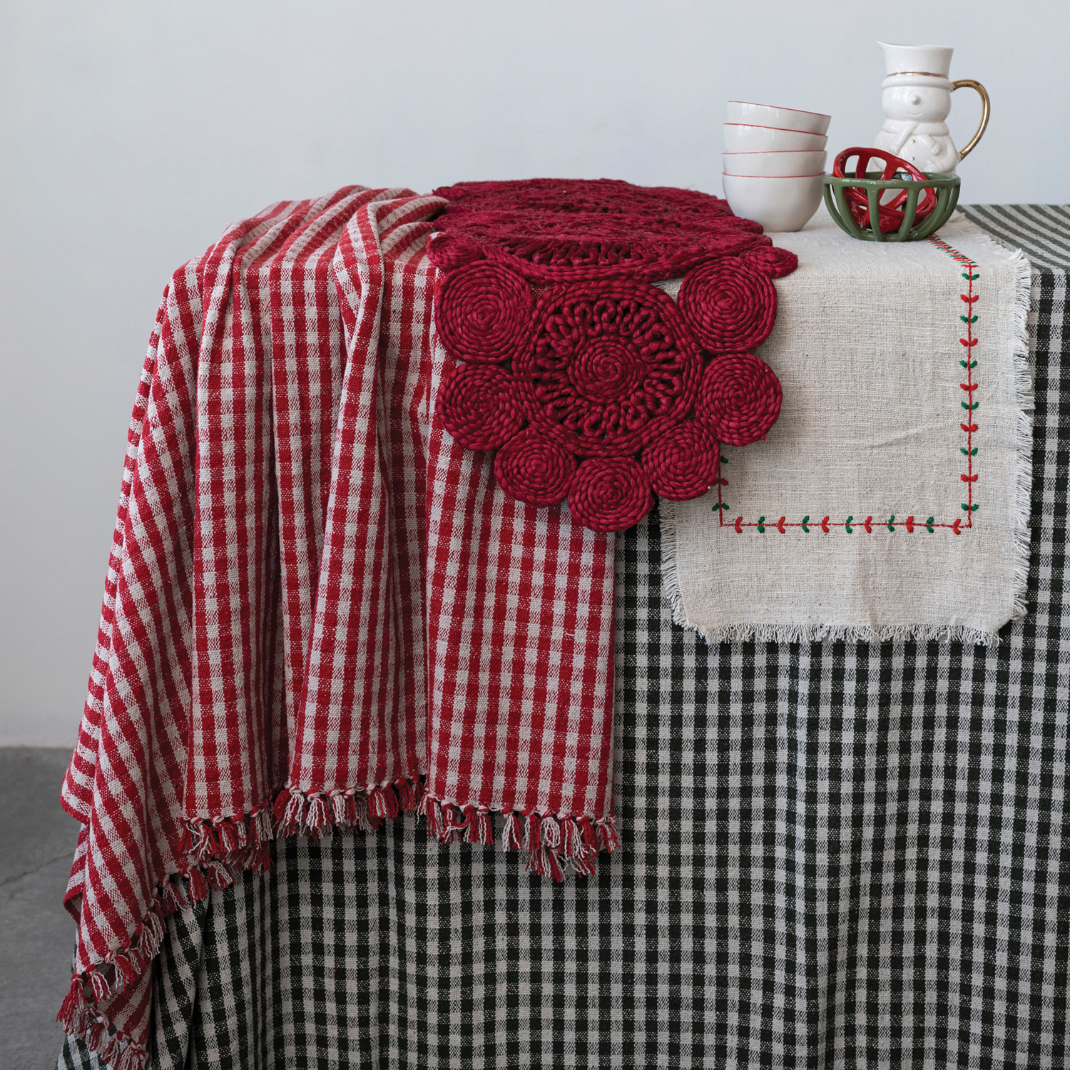 72"L x 14"W Cotton Slub Table Runner w/ Embroidery, Cream Color, Red