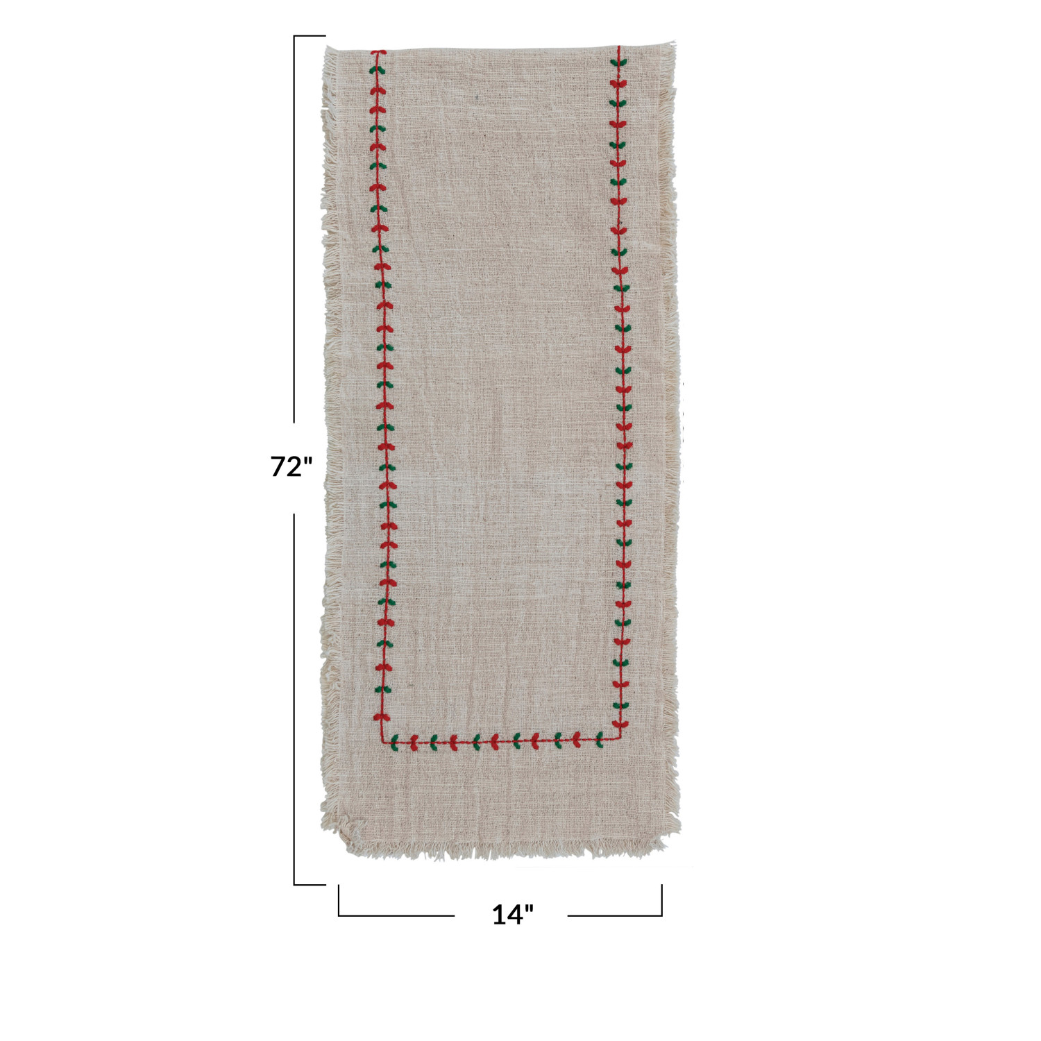 72"L x 14"W Cotton Slub Table Runner w/ Embroidery, Cream Color, Red