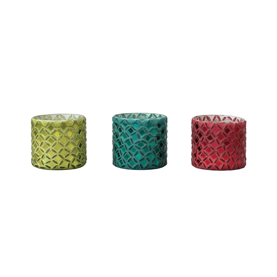 3" Round x 3"H Mosaic Glass Votive Holder, 3 Colors
