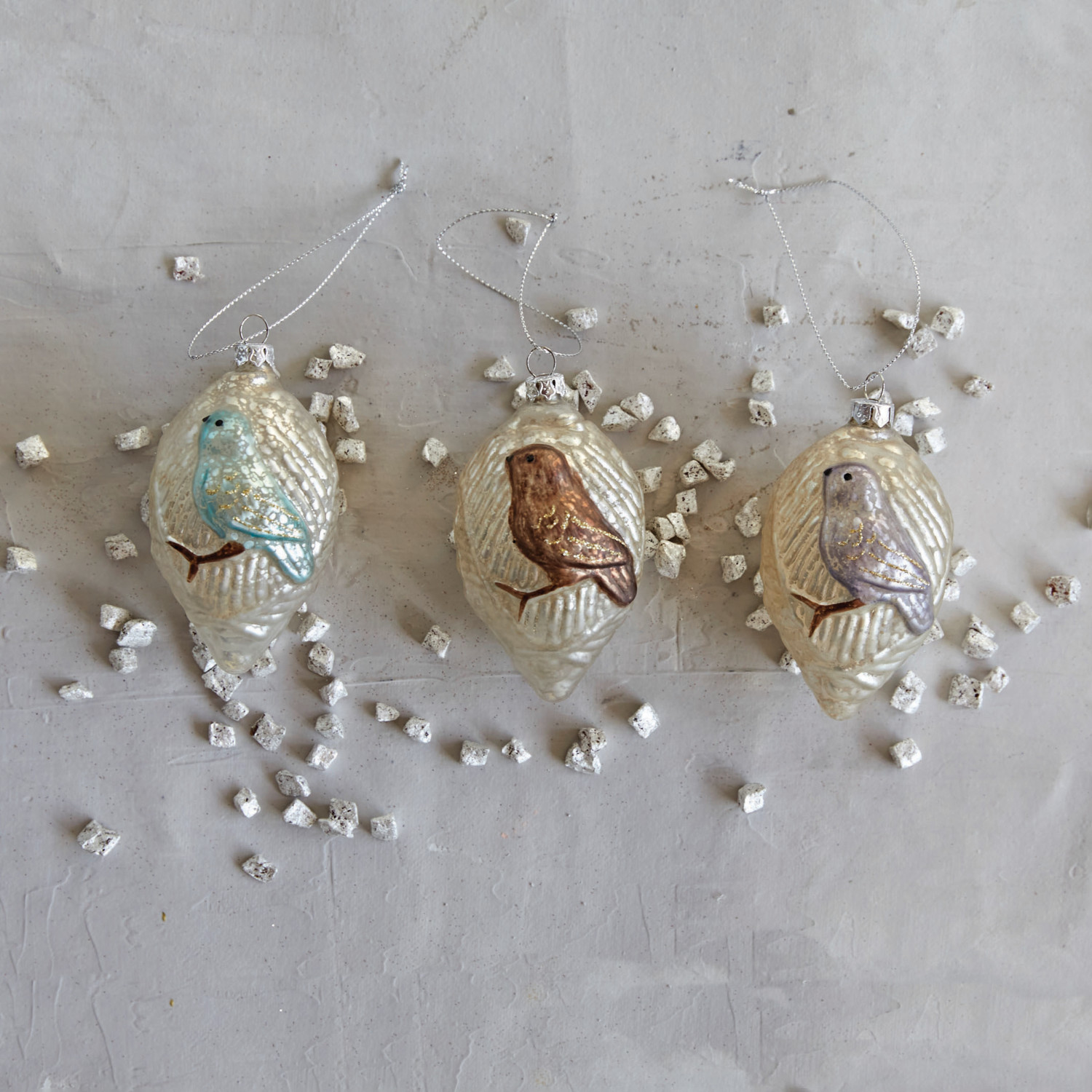 33/4"H HandPainted Embossed Mercury Glass Ornament w/ Bird & Glitter