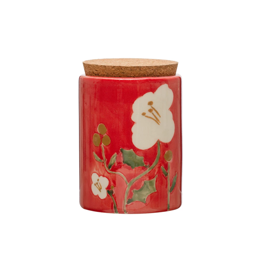 HandPainted Stoneware Canister w/ Wax Relief Flowers & Cork Lid, Multi