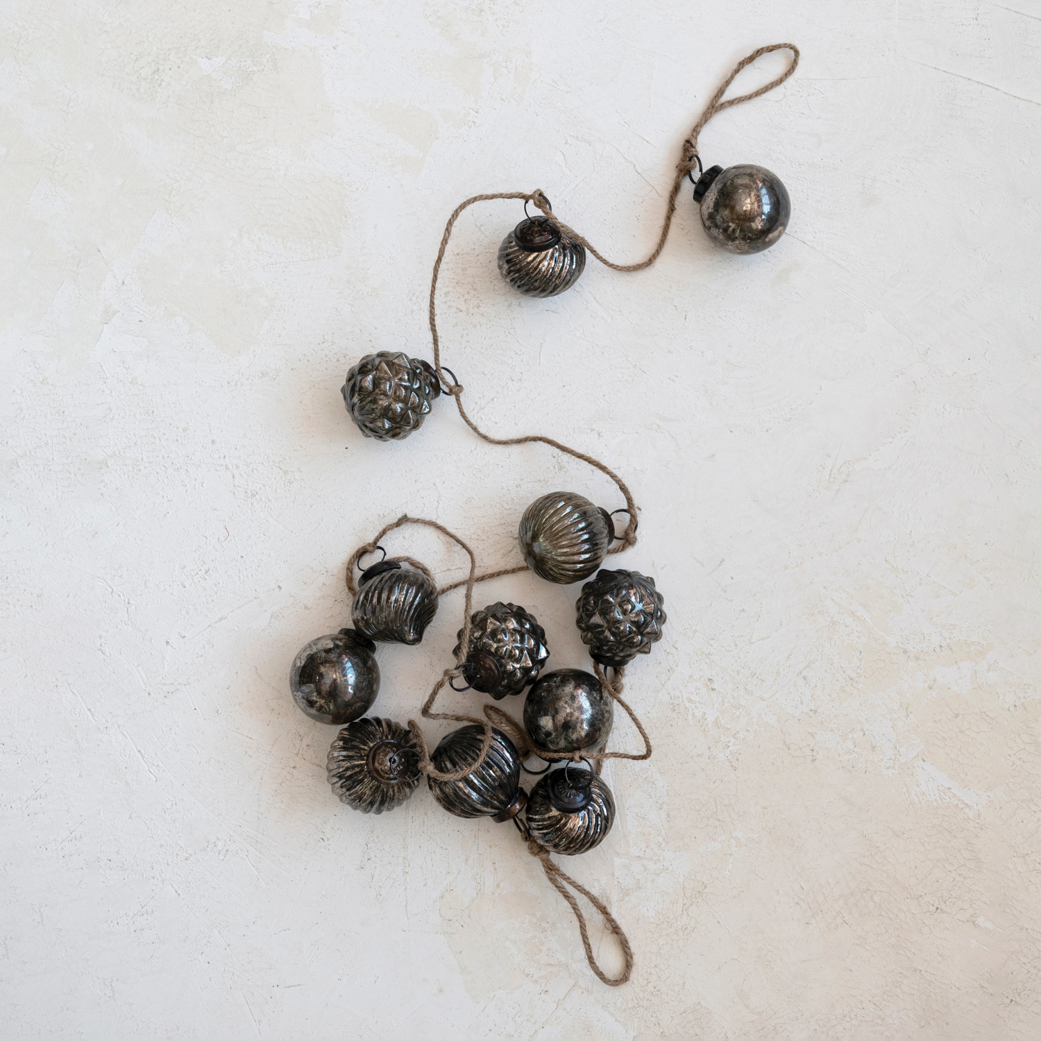 72"L Embossed Mercury Glass Ornament Garland w/ Jute Cord, Antique