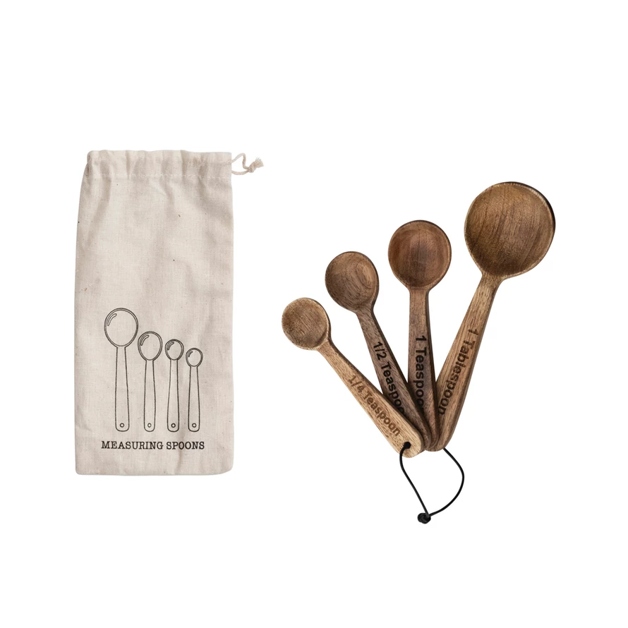 1 Tbsp, 1 Tsp, 1/2 Tsp & 1/4 Tsp Mango Wood Measuring Spoons, Natural, Set  of 4 in Printed Drawstring Bag