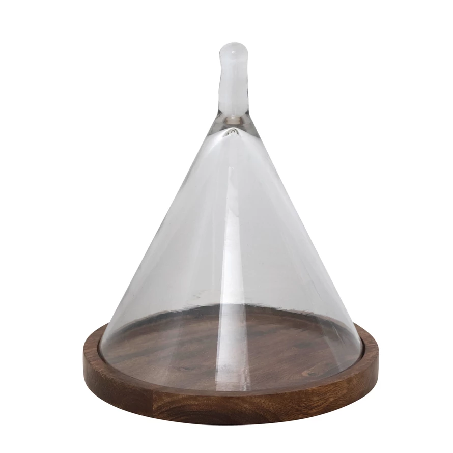 Glass Cone Shaped Cloche with Mango Wood Base, Set of 2
