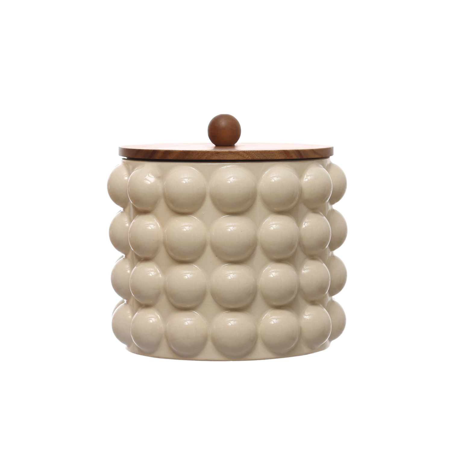 81/4" Round x 81/4"H Stoneware Canister w/ Raised Dots & Acacia Wood