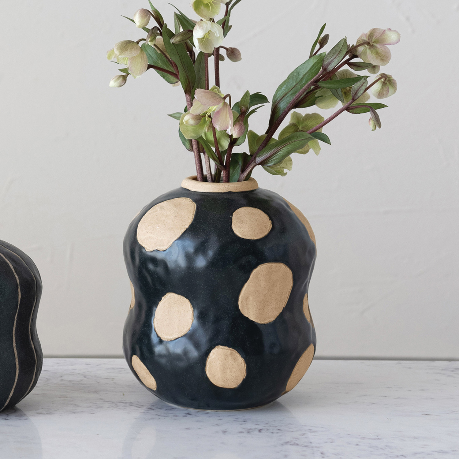 63/4" Round x 8"H Stoneware Vase w/ Wax Relief Dots, Matte Black