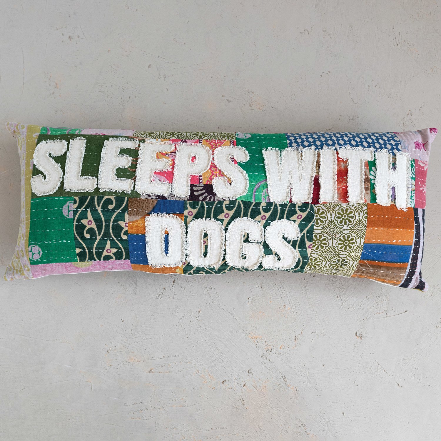 36" x 14" Vintage Kantha Patchwork Lumbar Pillow "Sleeps with Dogs" (Each One Will Vary)