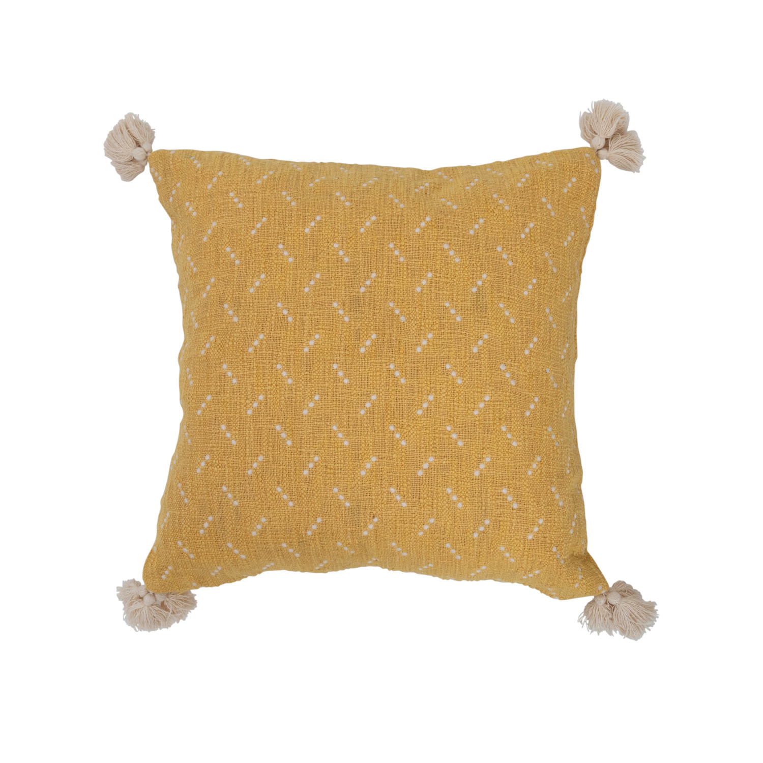20" Square Cotton Slub Pillow w/ Embroidered Dots & Tassels, Polyester Fill, Yellow & Cream Color