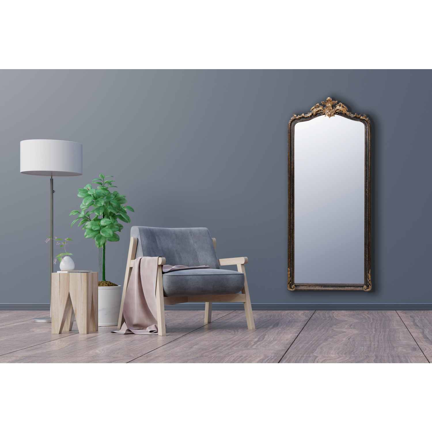 341/4"W x 6"D x 783/4"H Resin Framed Wall Mirror, Distressed Black & Gold Finish, Truck Ship