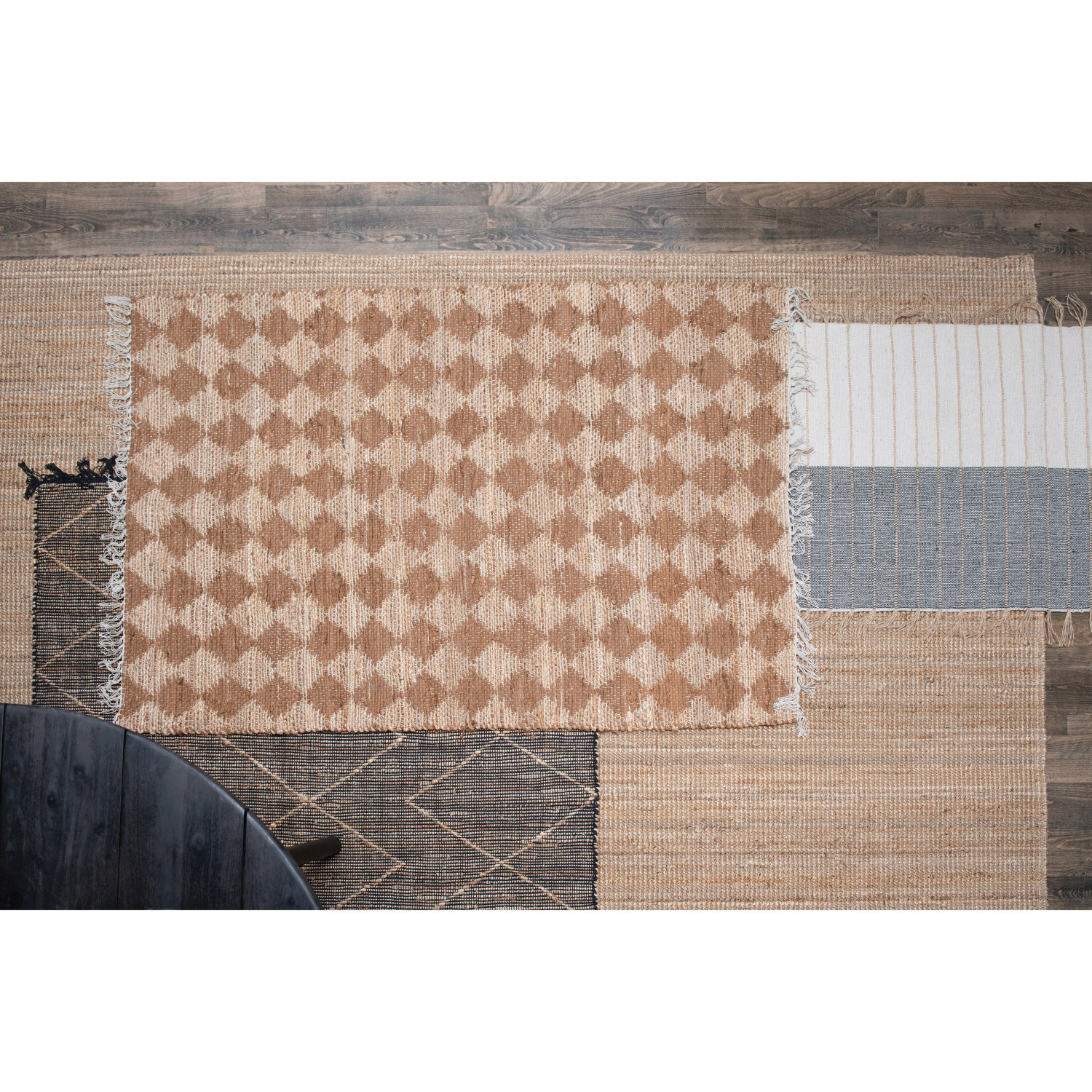 5' x 7' Woven Cotton & Jute Rug w/ Diamond Pattern & Fringe, Black