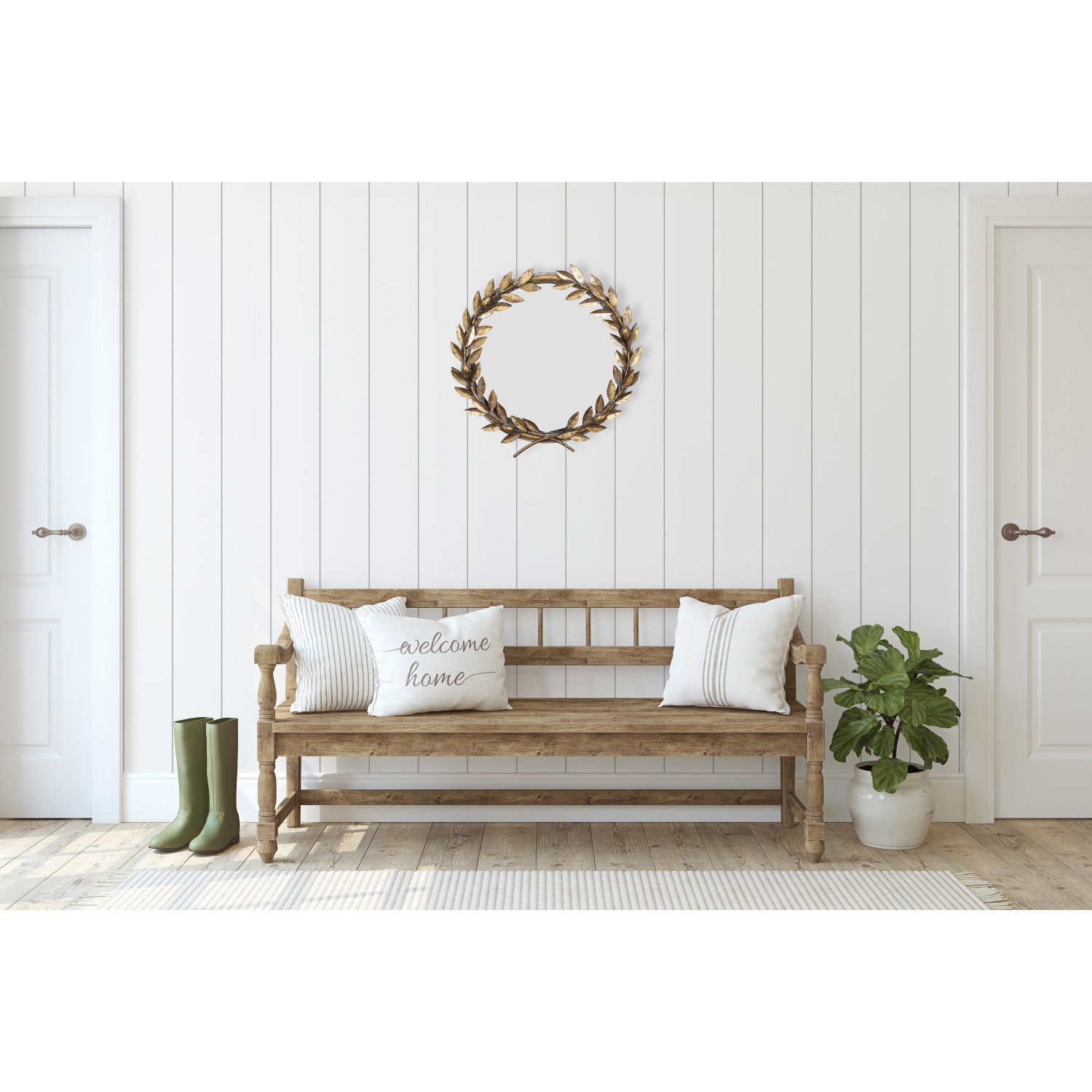 17-3/4"W x 18-1/2"H Metal Laurel Wreath Wall Mirror, Antique Gold Finish