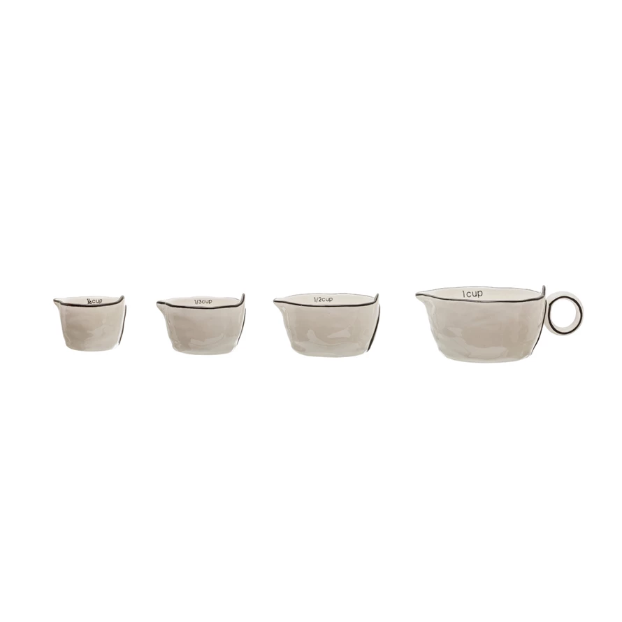 1, 1/2, 1/3 & 1/4 Cup Stoneware Measuring Cups, White w/ Black Rim, Set of 4