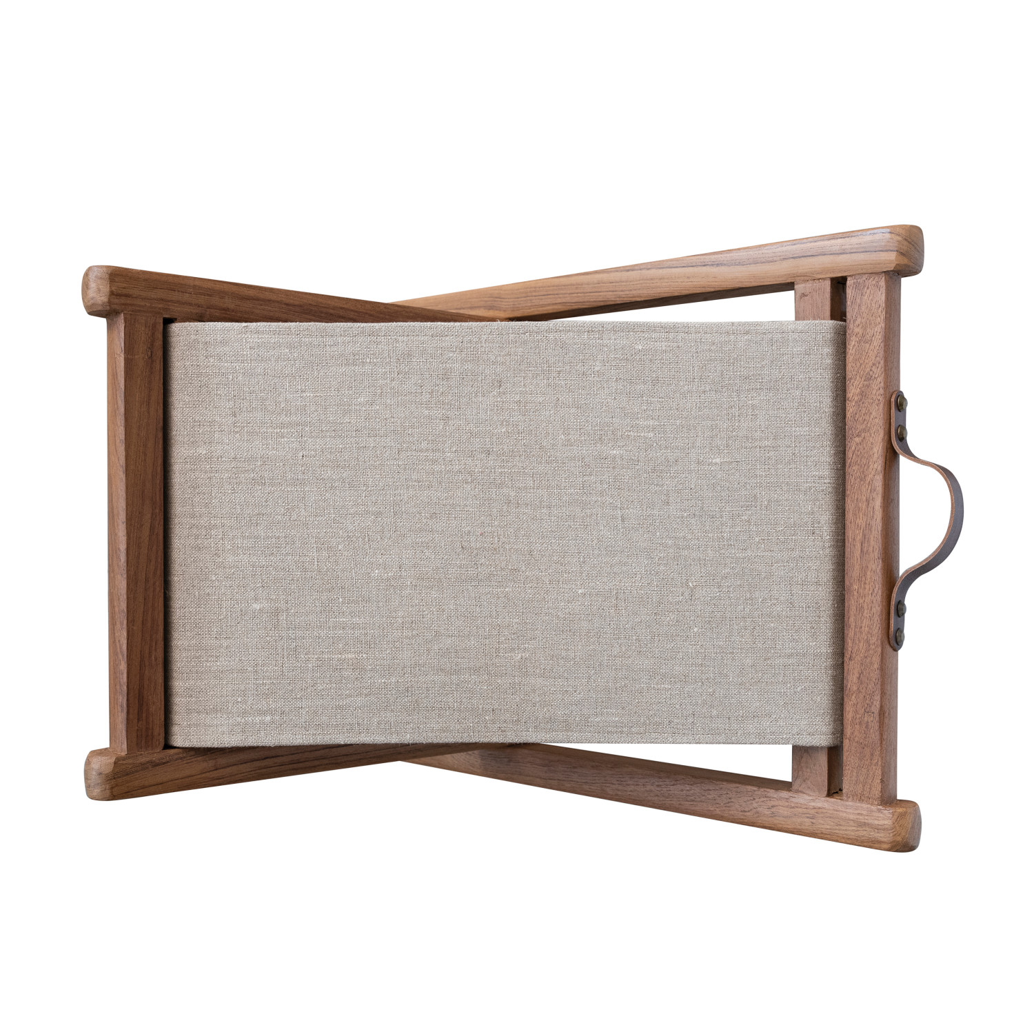 Teakwood & Linen Folding Stool w/ Leather Handle, Natural