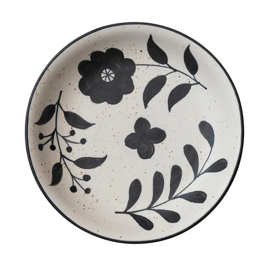HandPainted Stoneware Bowl w/ Floral Design, Matte Black & Cream Color