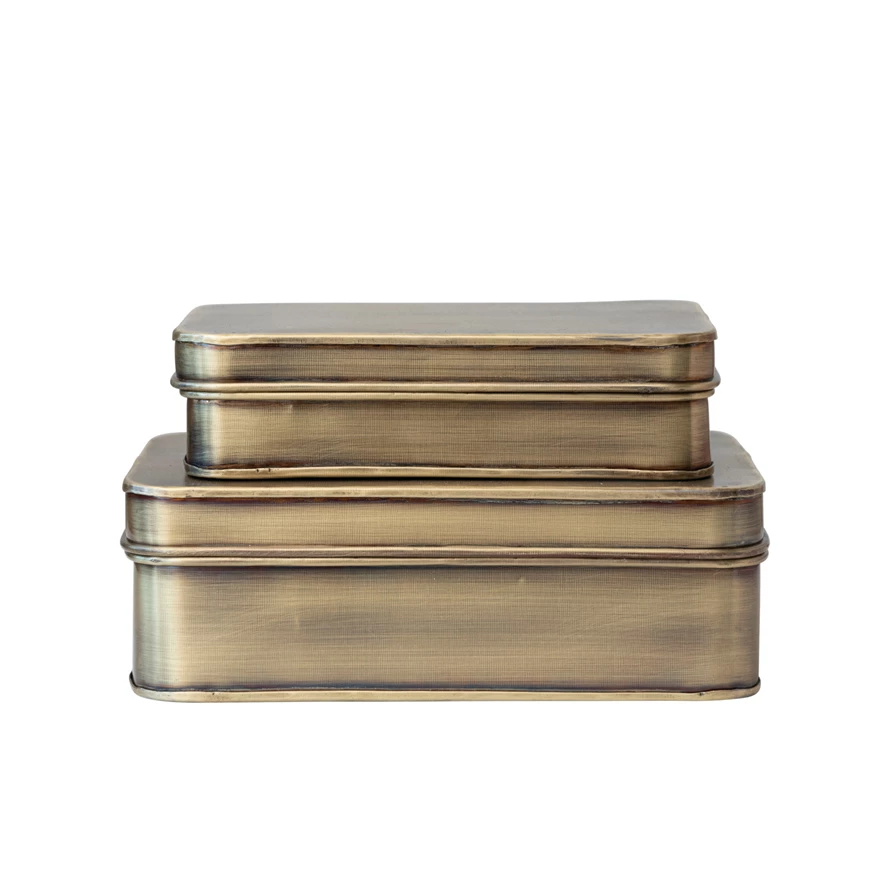 Metal Boxes, Antique Brass Finish, Set of 2