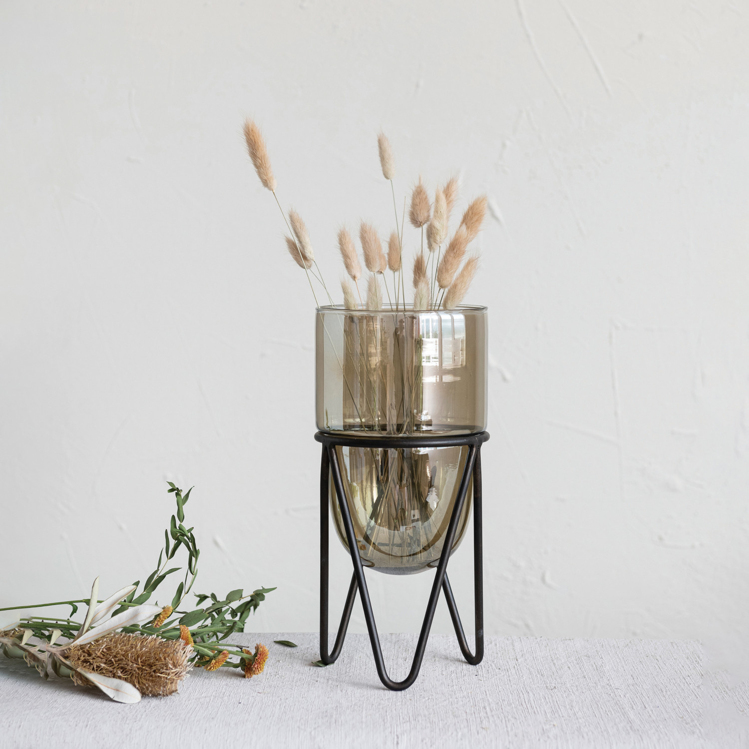 Iridescent Glass Candle Holder w/ Metal Stand, Matte Brown, Set of 2