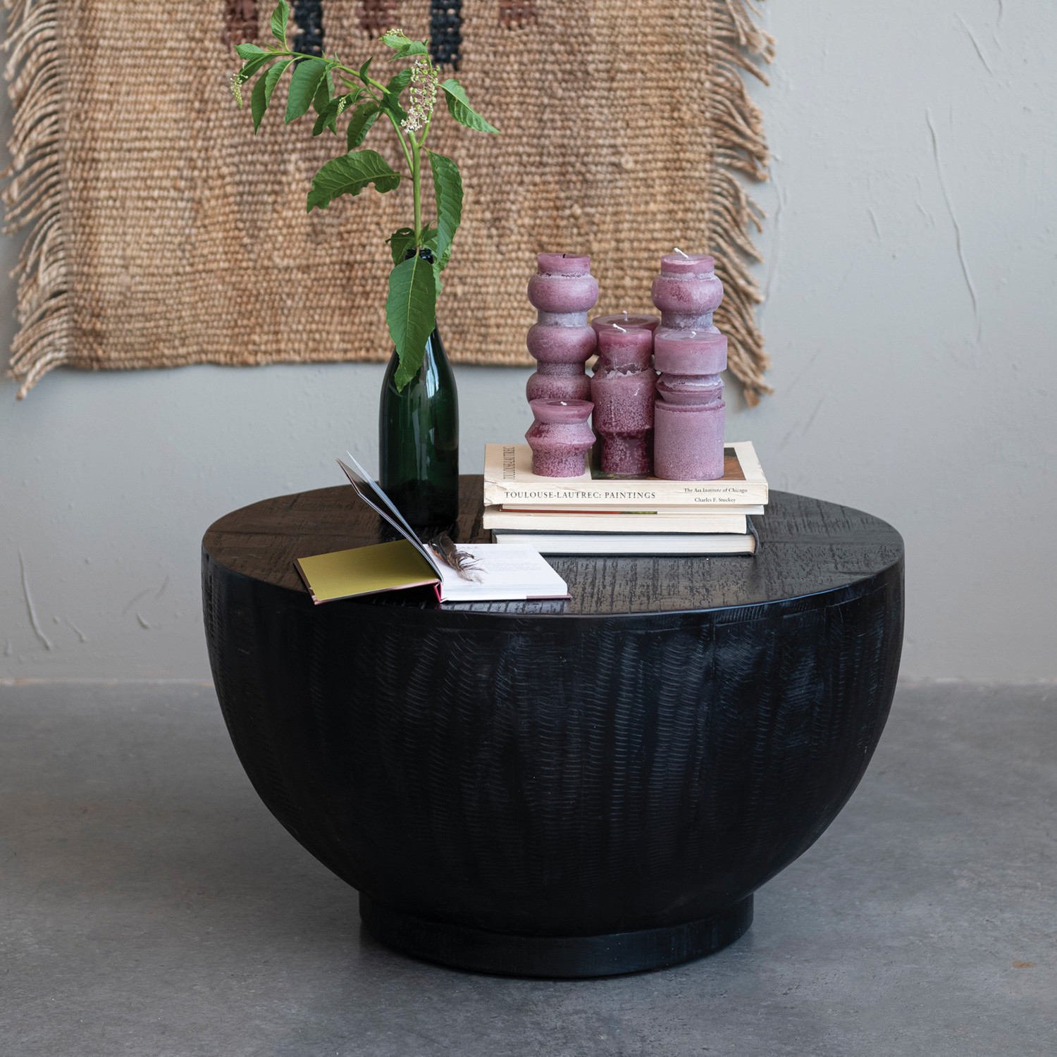 Mango Wood Drum Coffee Table, Combed Finish, Black