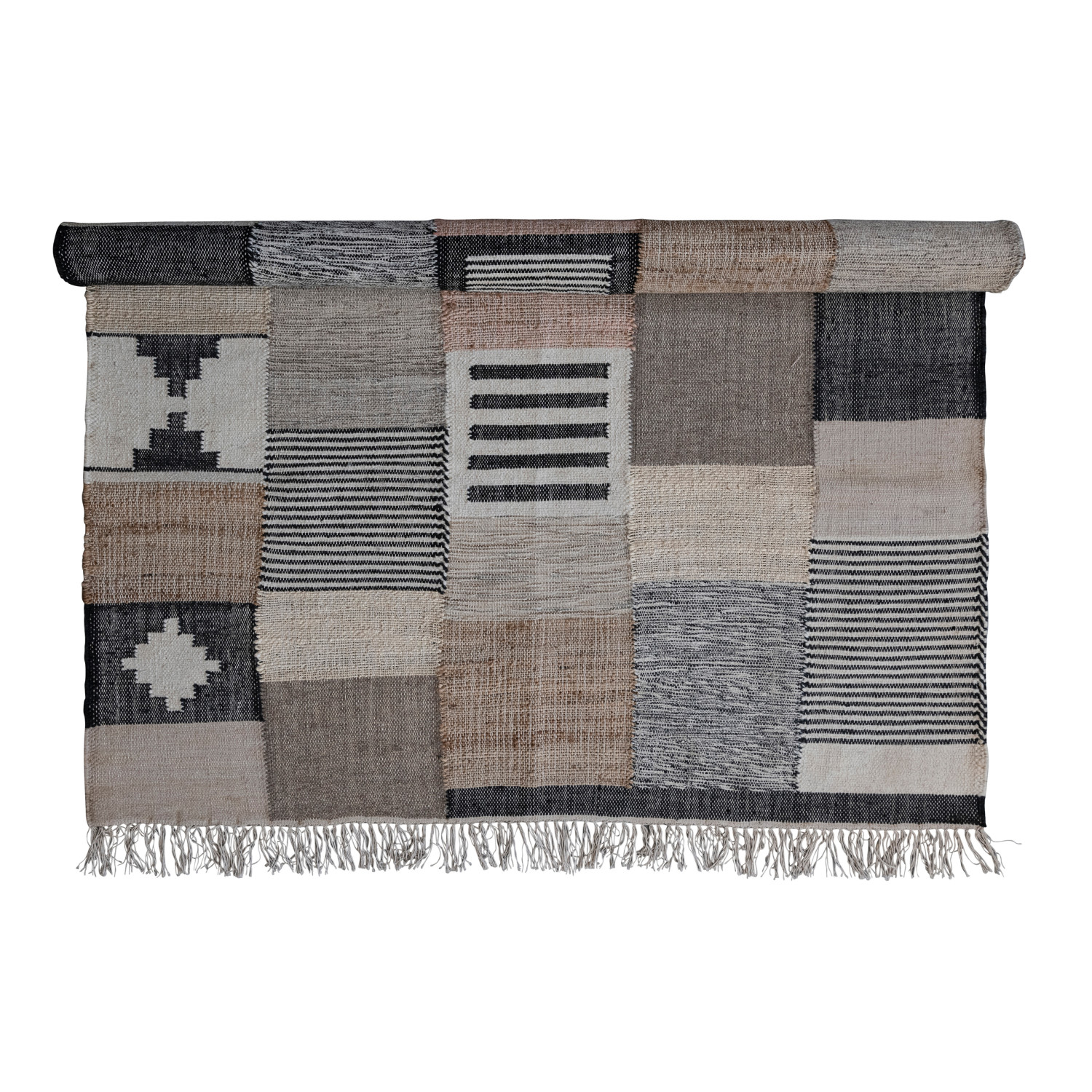 HandWoven Wool & Jute Blend Patchwork Rug w/ Fringe, Multi Color