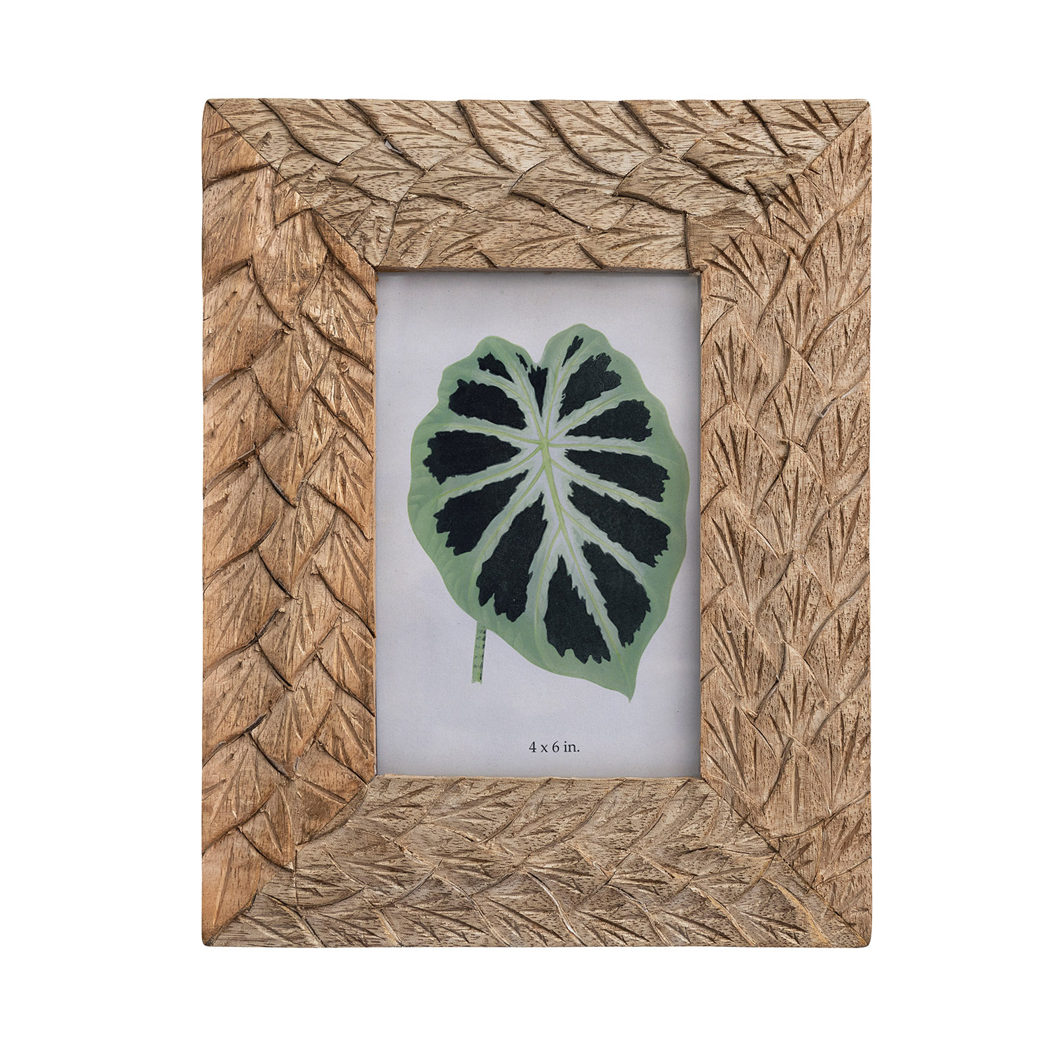 7"L x 9"H HandCarved Mango Wood & Glass Photo Frame, Natural (Holds 4" x 6" Photo)