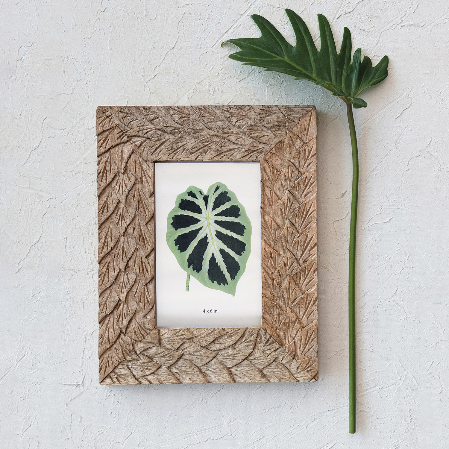 7"L x 9"H HandCarved Mango Wood & Glass Photo Frame, Natural (Holds 4" x 6" Photo)