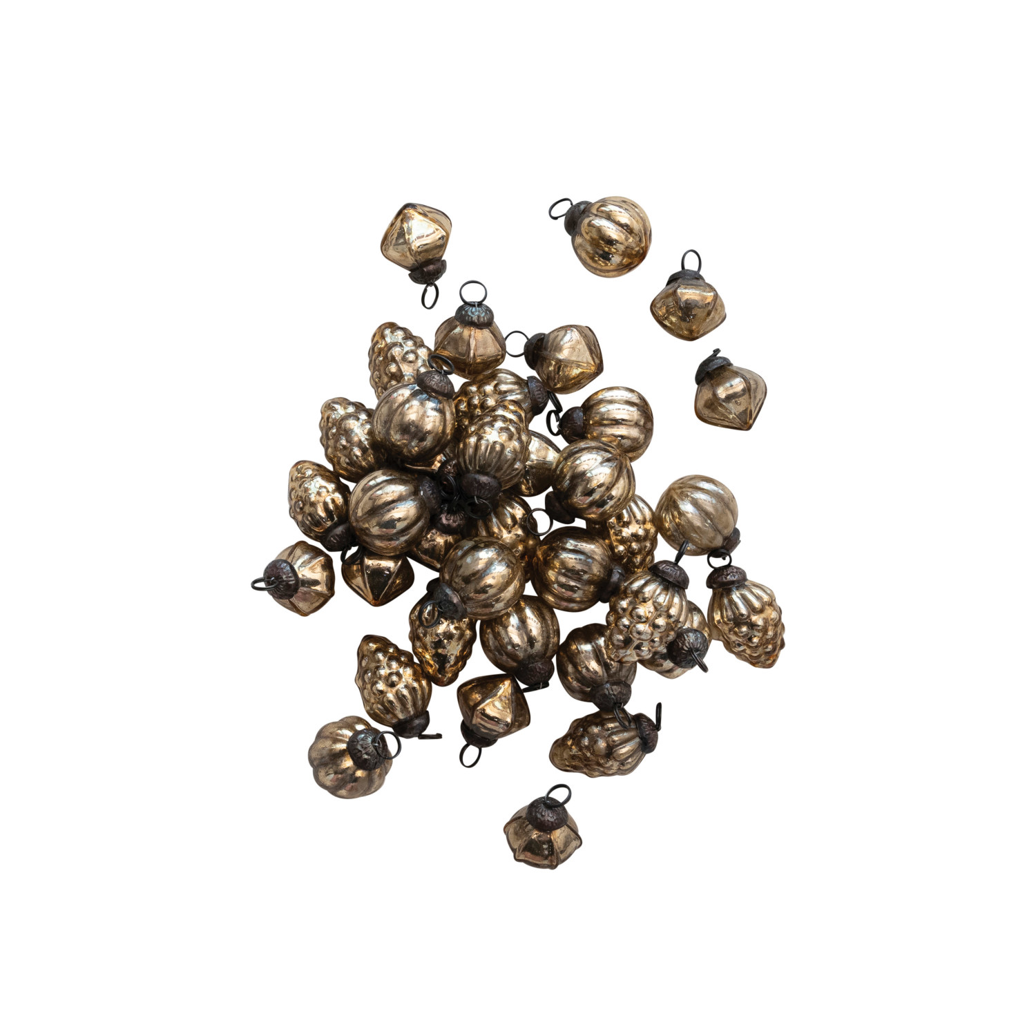 1"H Embossed Mercury Glass Ornaments in Muslin Bag, Antique Gold Finish