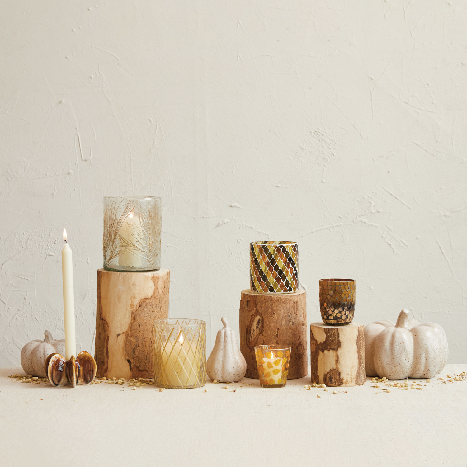 Recycled Glass Candle Holder w/ Embedded Salt Cedar Leaves