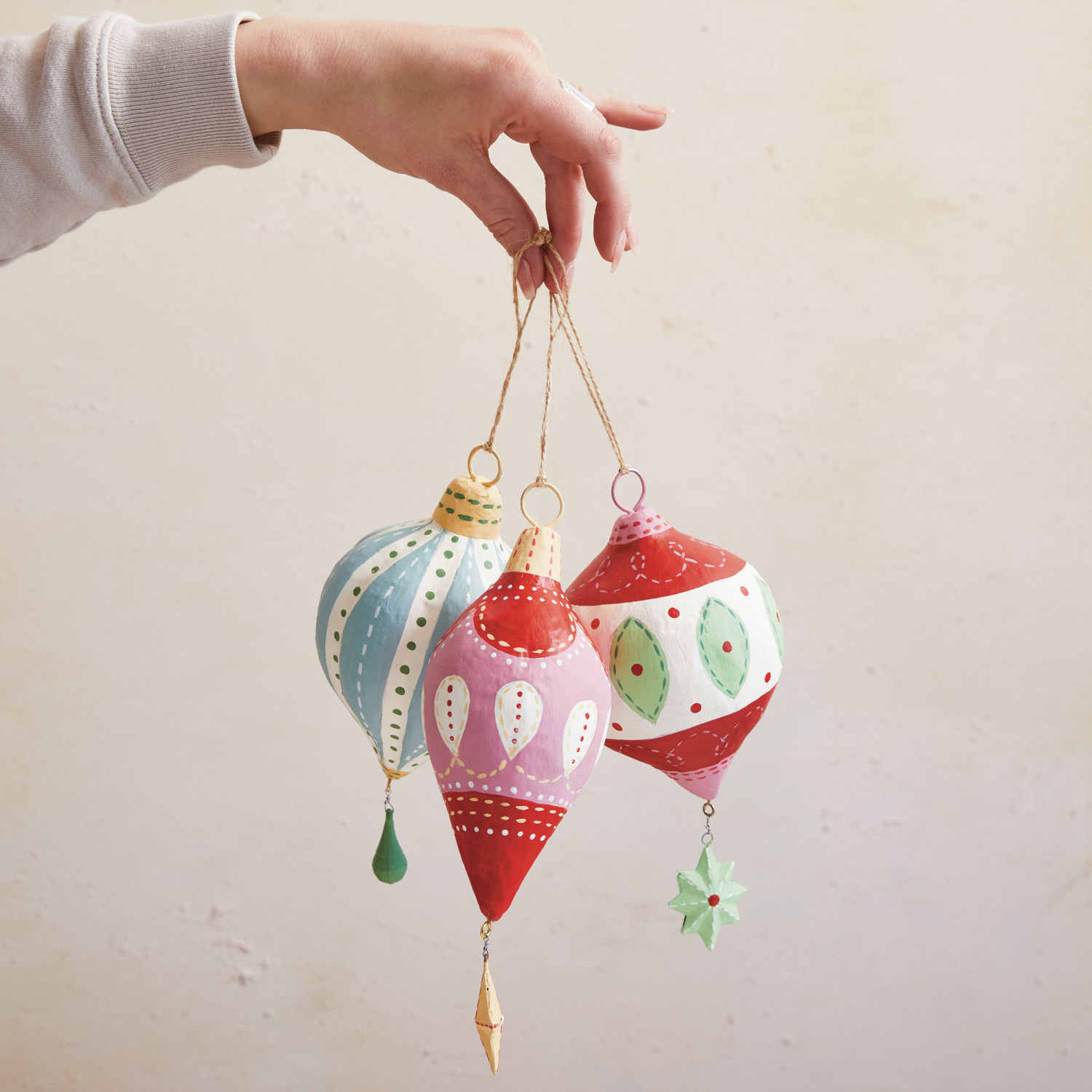 Handmade Paper Mache Ornament w/ Hanging Star/Teardrop, 3 Styles