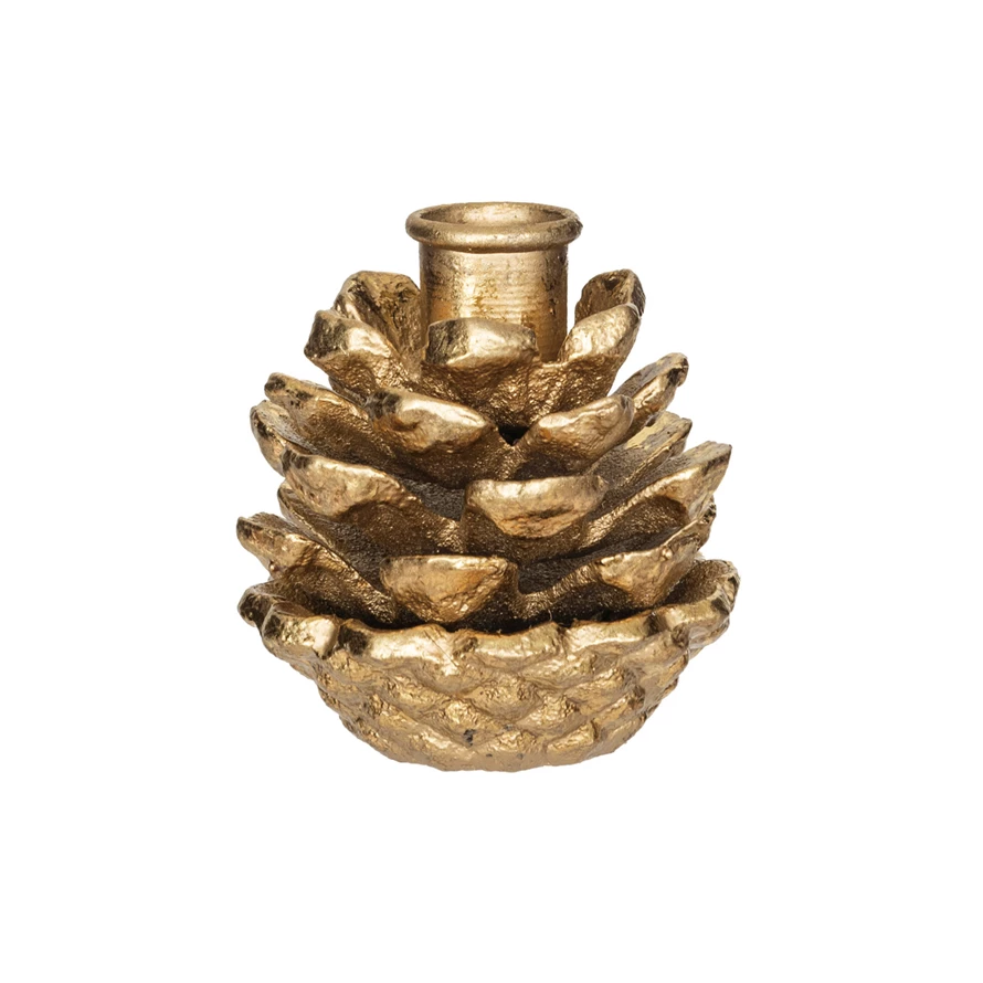3 Round x 3-1/2H Cast Iron Pinecone Shaped Taper Holder, Antique Gold  Finish
