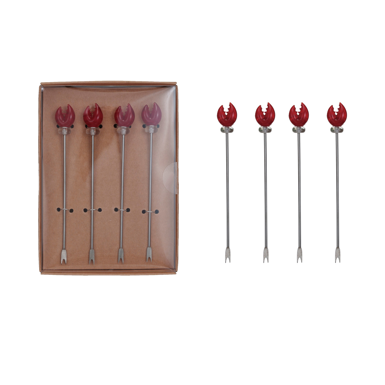 43/4"L Stainless Steel Picks w/ Blown Glass Lobster Claws, Red, Boxed Set of 4