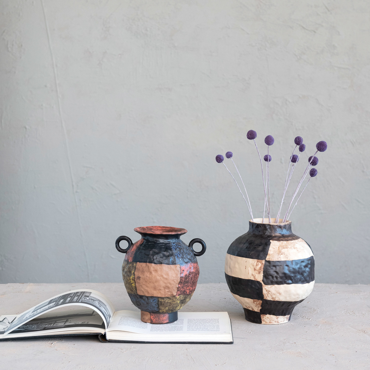 Hand-Painted Textured Stoneware Vase w/ Handles (Each One Will Vary) - Hand-Painted Textured Decorative Vases