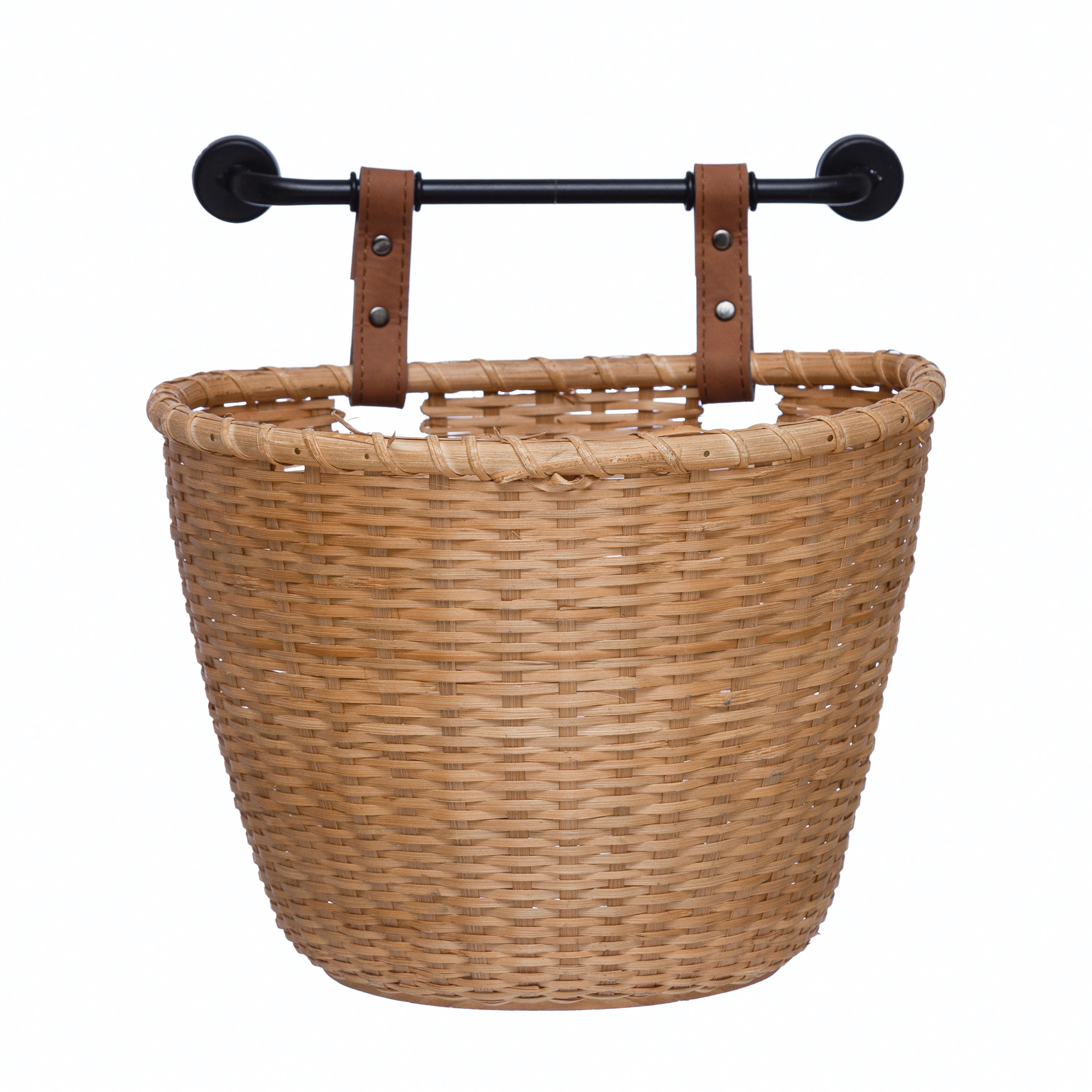 HandWoven Bamboo Wall Basket with Metal Bracket and Faux Leather Straps