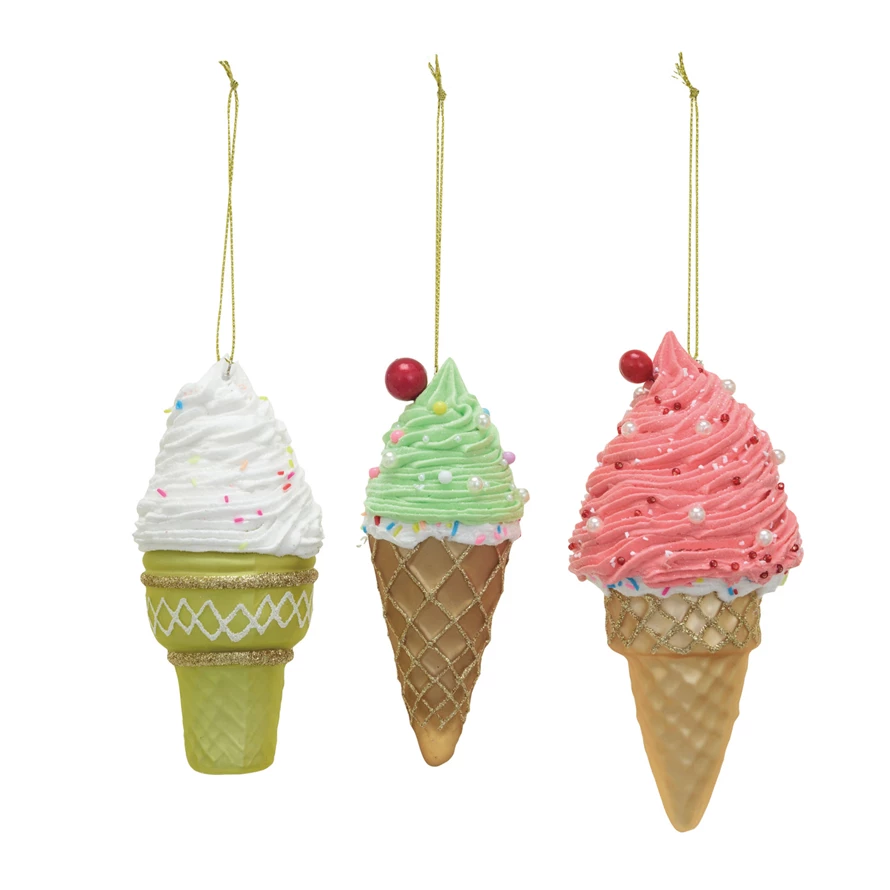Glass & Clay Dough Ice Cream Cone Ornament w/ Glitter & Beads, 3 Styles