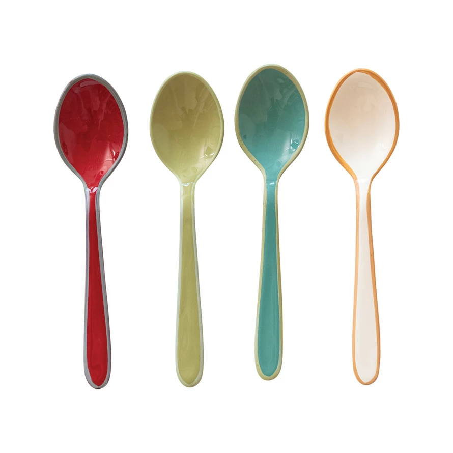 Enameled Stainless Steel Spoons w/ Colored Edge, 4 Colors, Set of 4