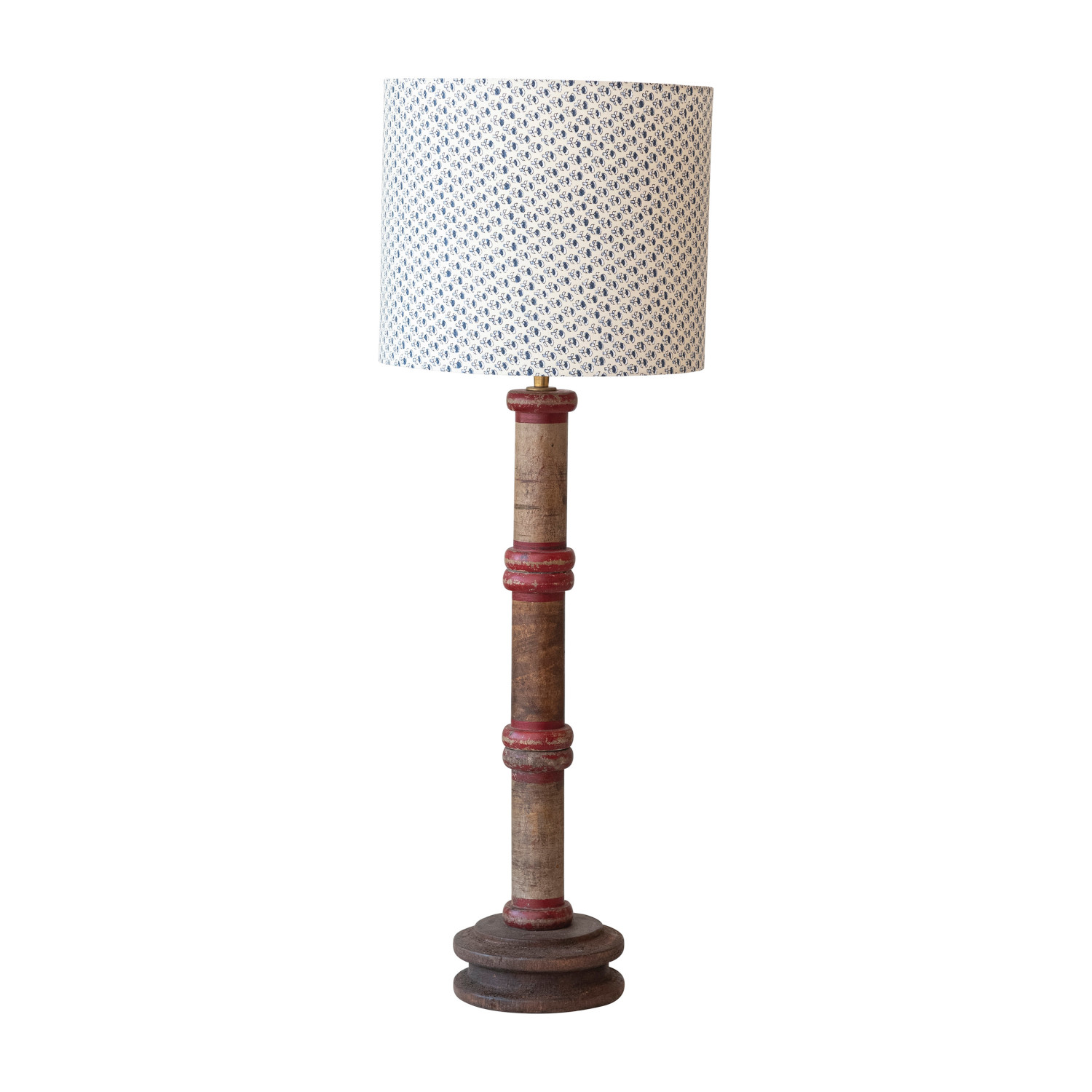 Found Wood Spool Table Lamp w/ Cotton Shade & Swivel Neck