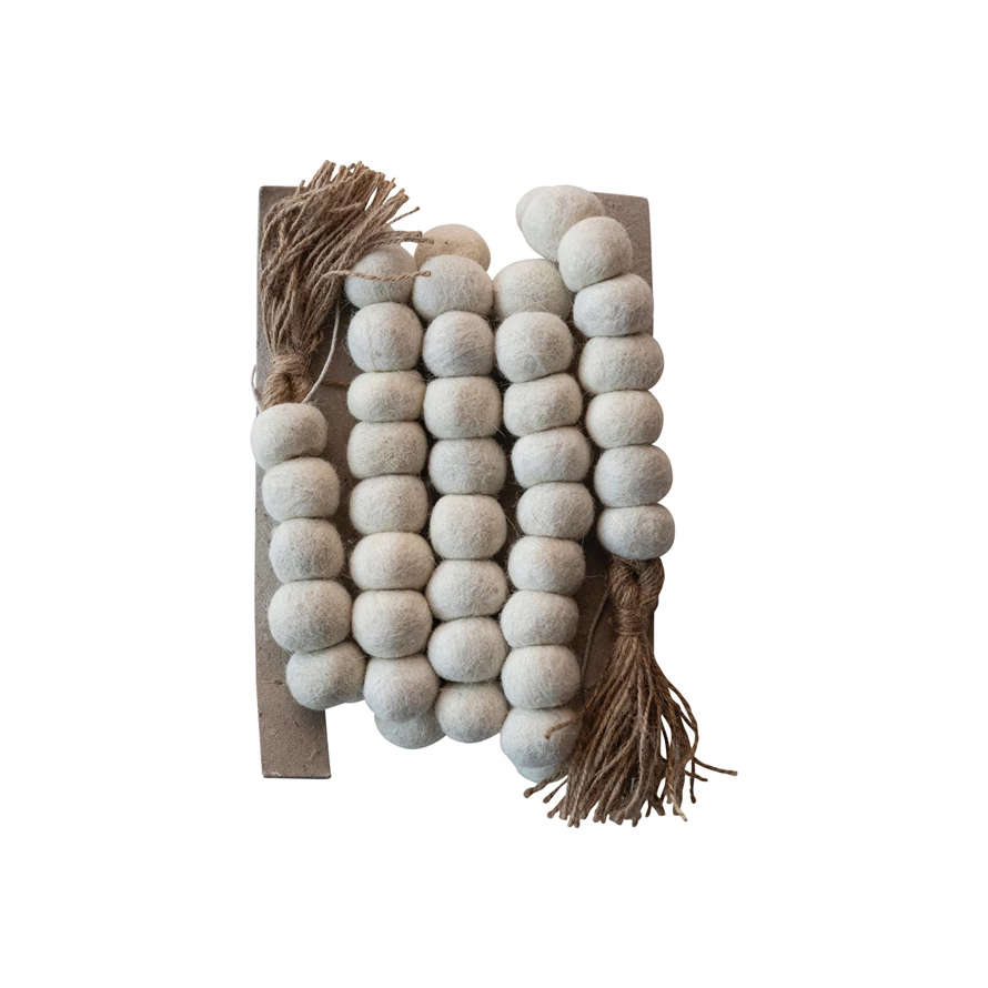 72"L x 1"H Handmade Wool Felt Ball Garland w/ Jute Tassels, Cream Color