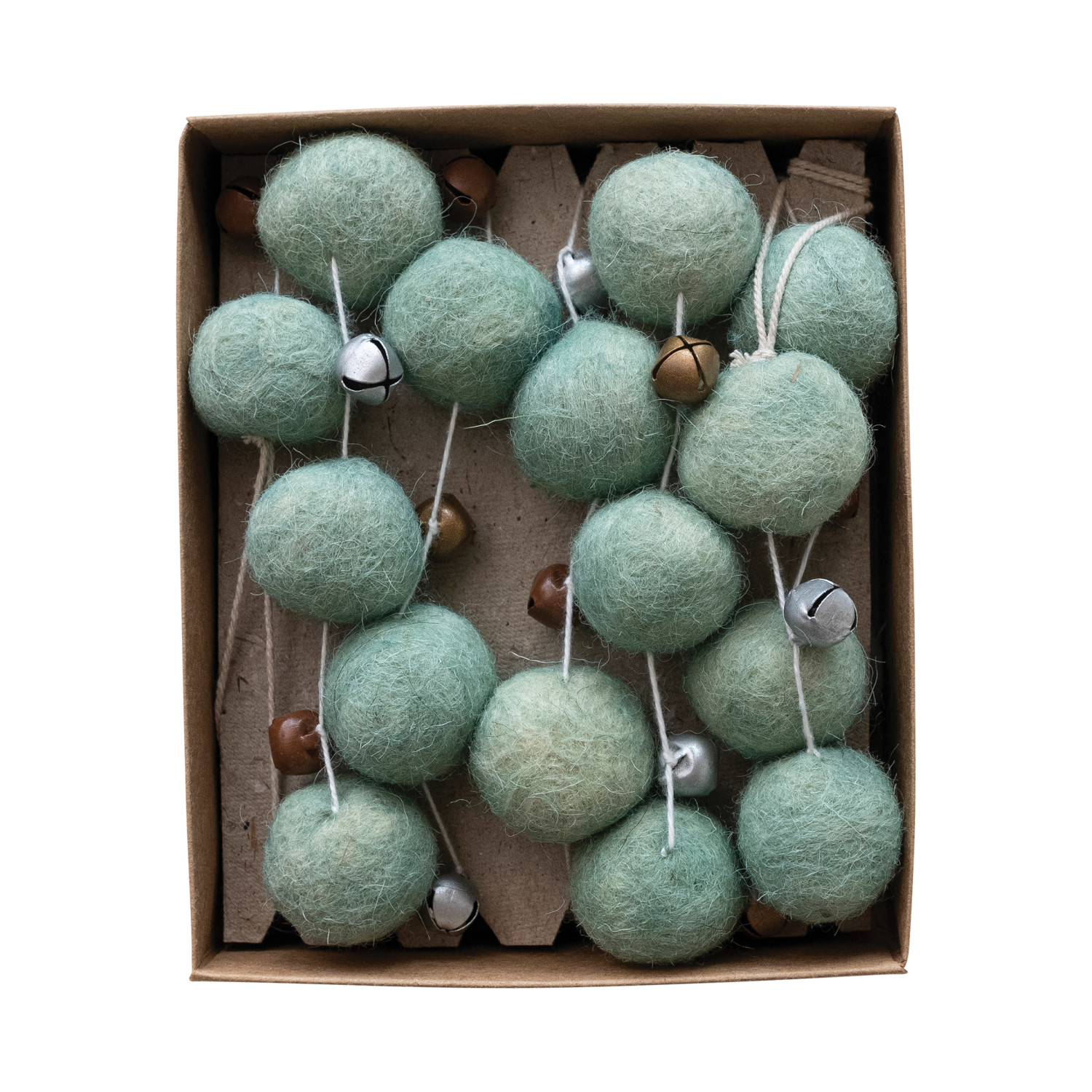Handmade Wool Felt Ball Garland w/ Jingle Bells, Mint Color