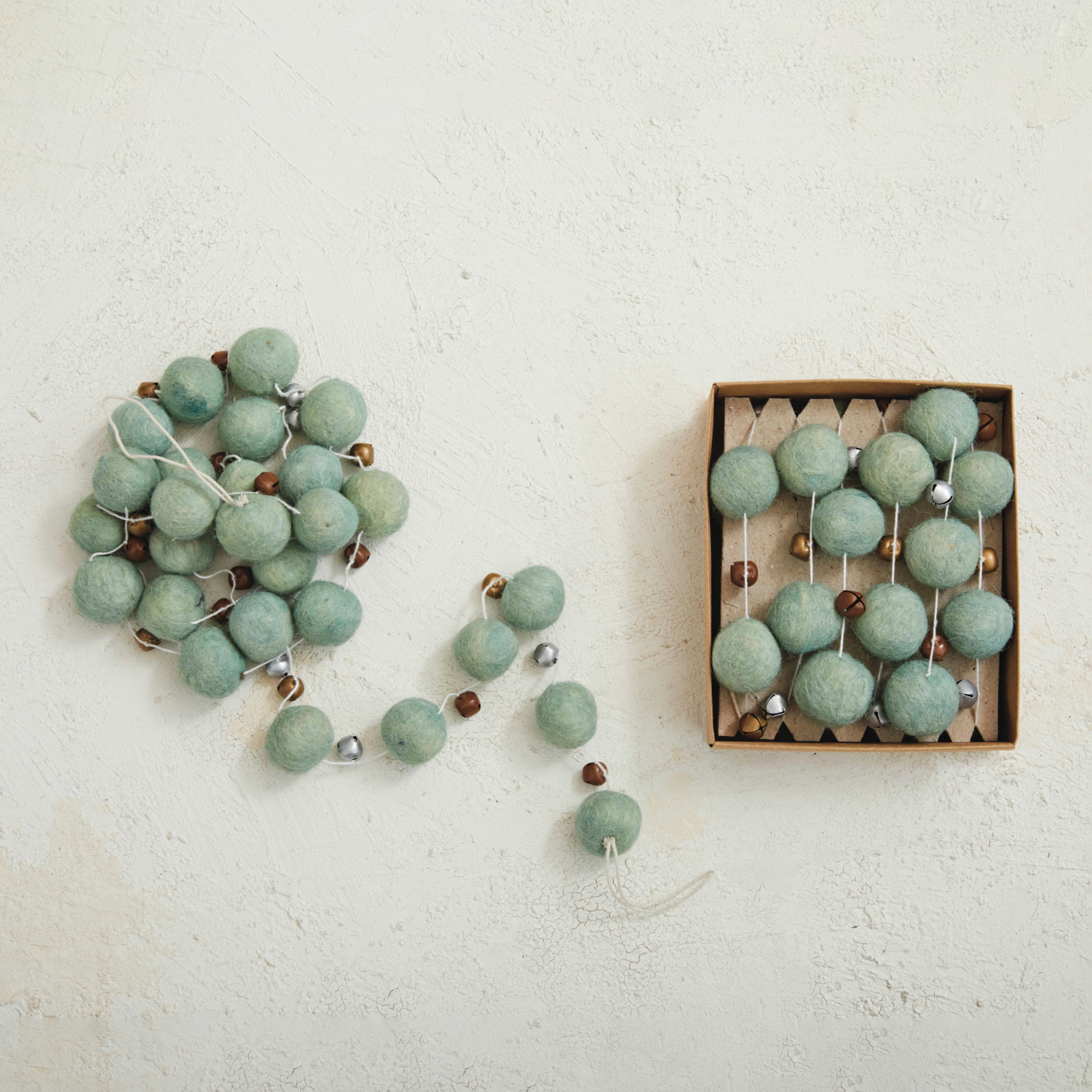 Handmade Wool Felt Ball Garland w/ Jingle Bells, Mint Color