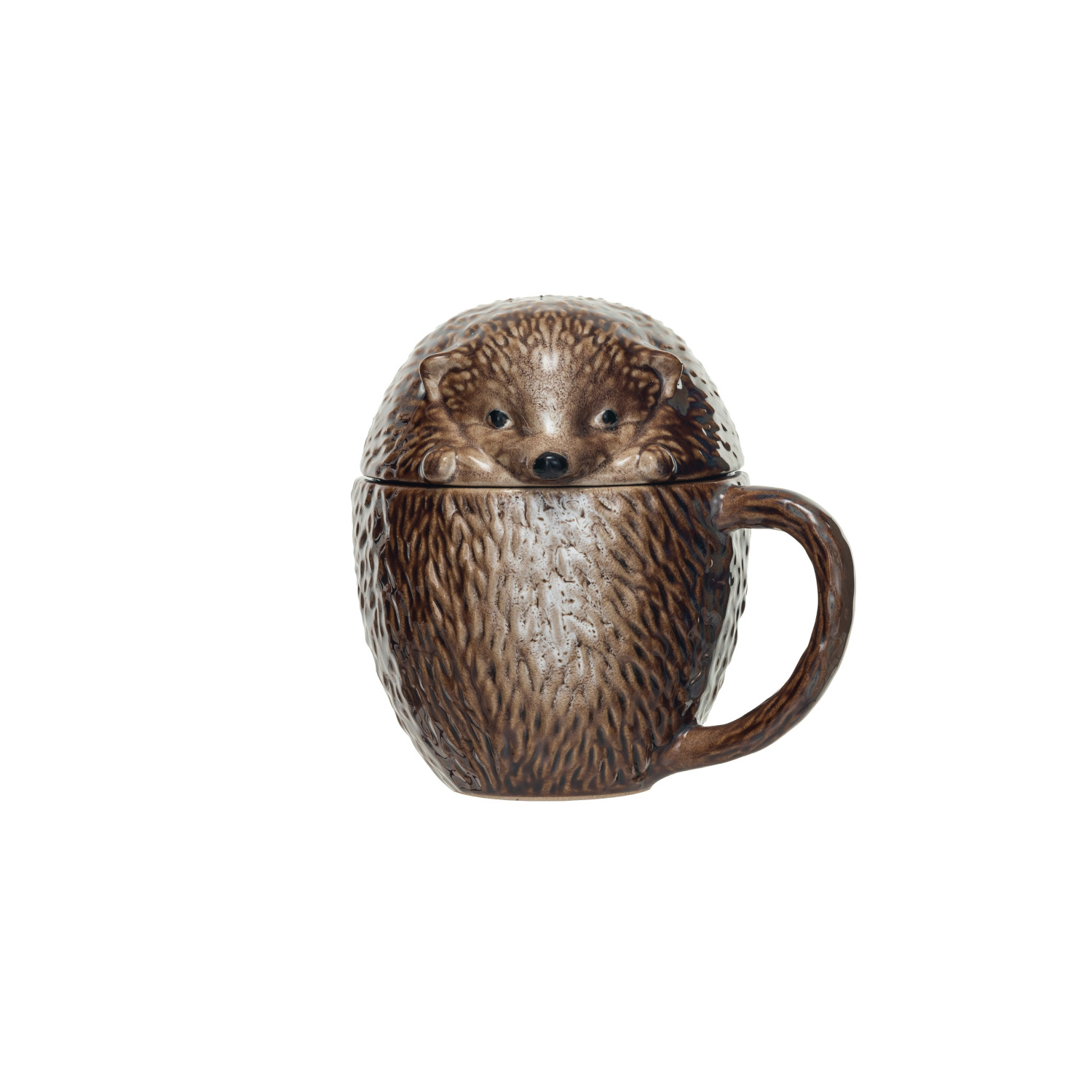 12 oz. Stoneware Hedgehog Shaped Mug w/ Lid, Brown