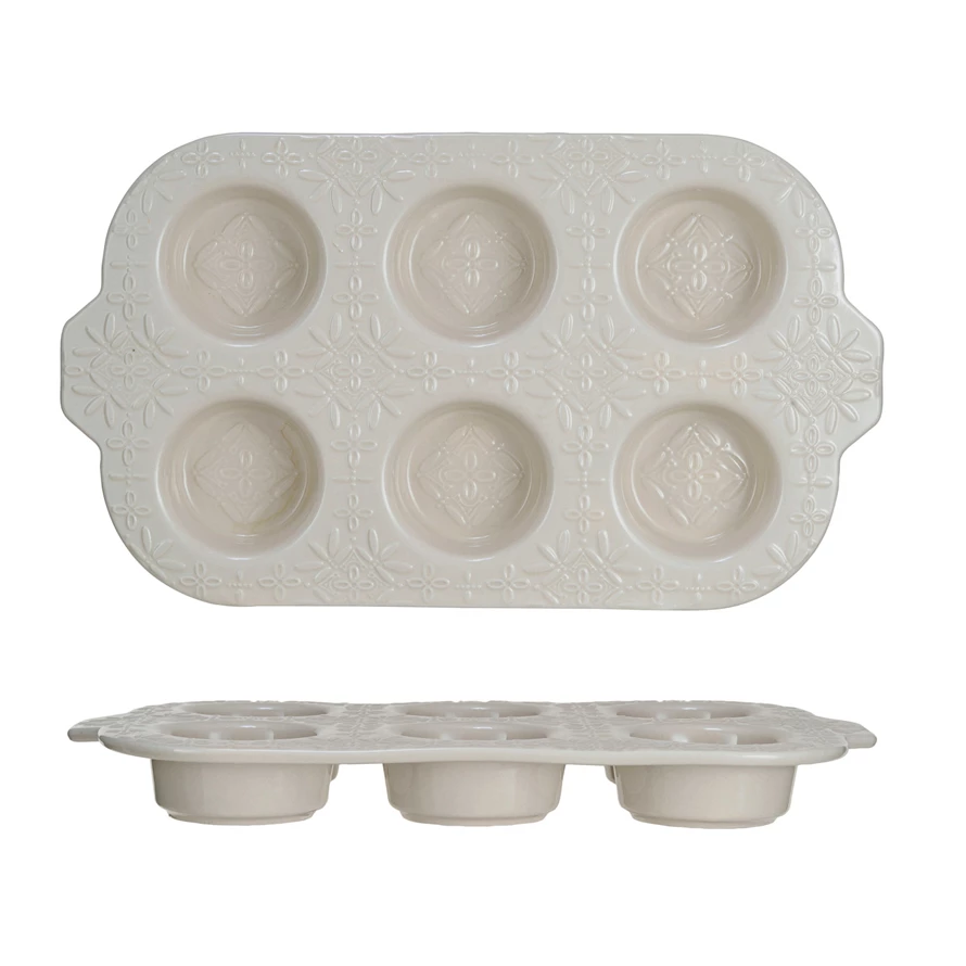 14L x 8W Embossed Stoneware Muffin Pan w/ Pattern, Cream Color