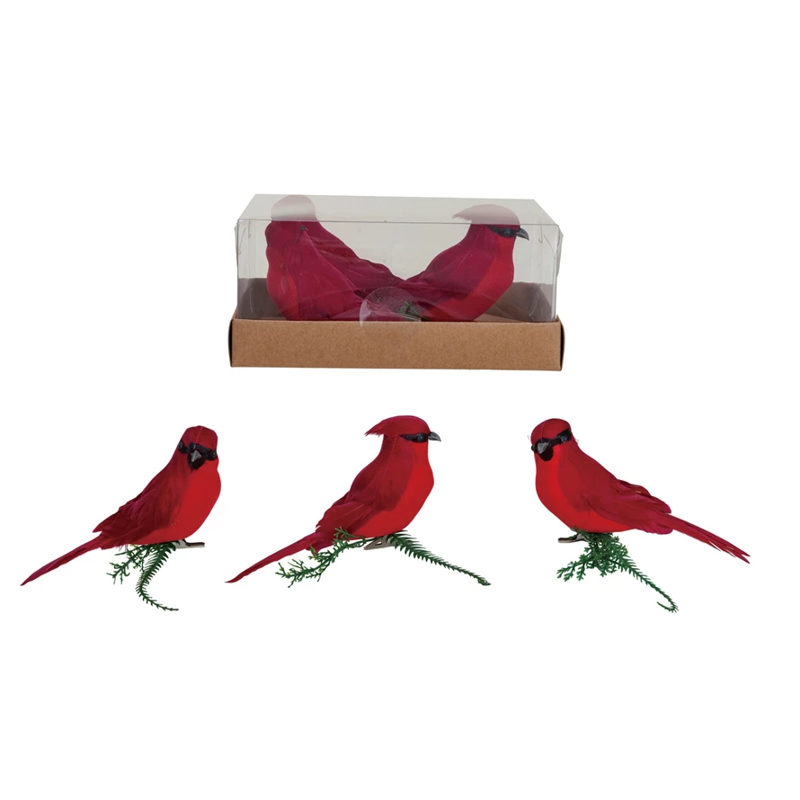 6"L x 51/2"W Foam & Feather Cardinal Clipon Ornaments, Red, Boxed Set