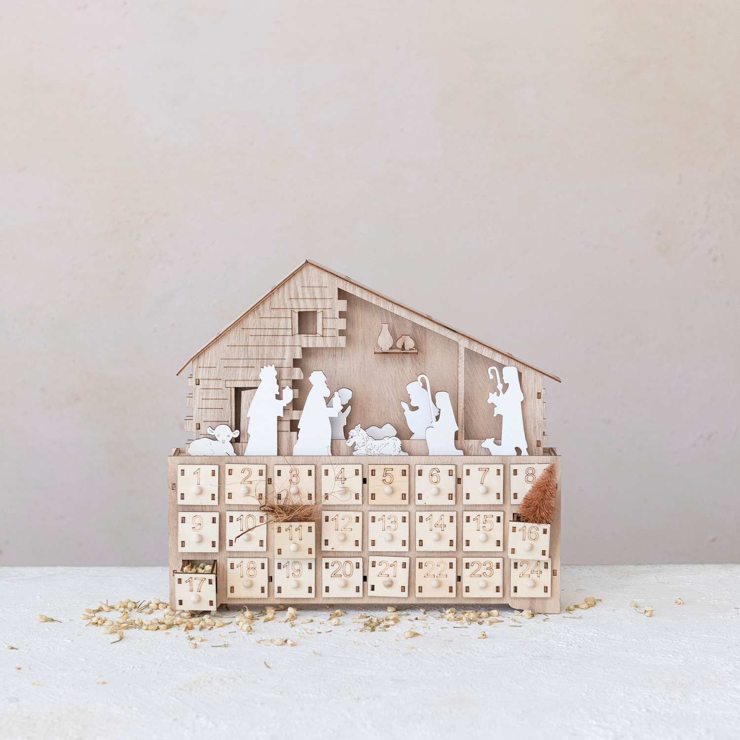 Laser Cut Wood Nativity Advent Calendar w/ 24 Drawers & LED Light