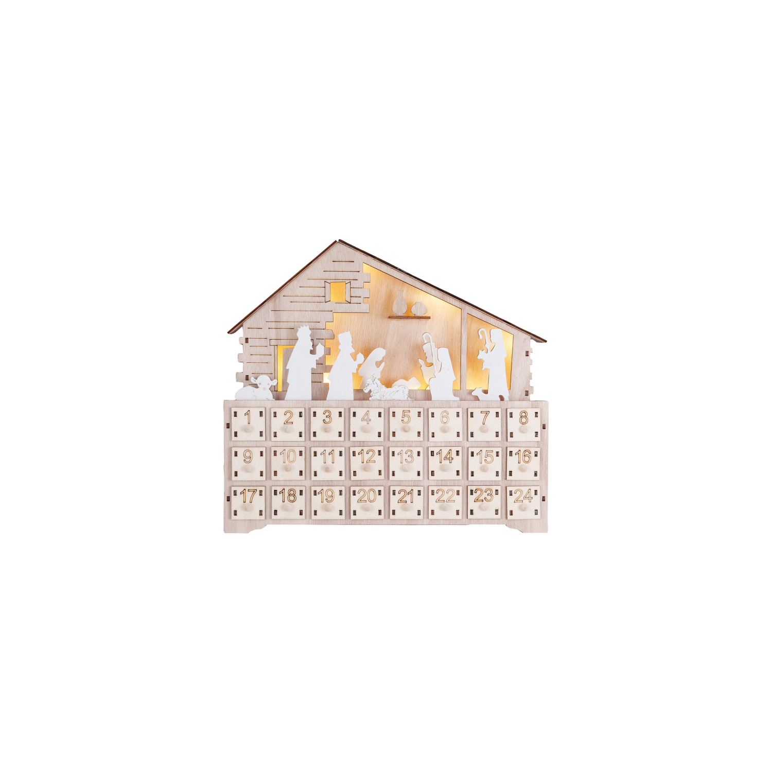 Laser Cut Wood Nativity Advent Calendar w/ 24 Drawers & LED Light