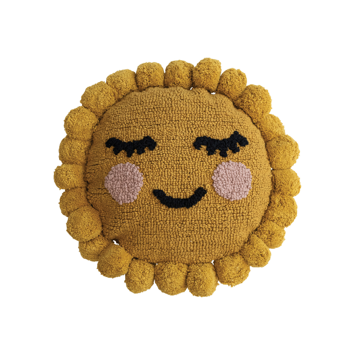 12" Round Cotton Tufted Sun Shaped Pillow w/ Face, Pom Pom Trim