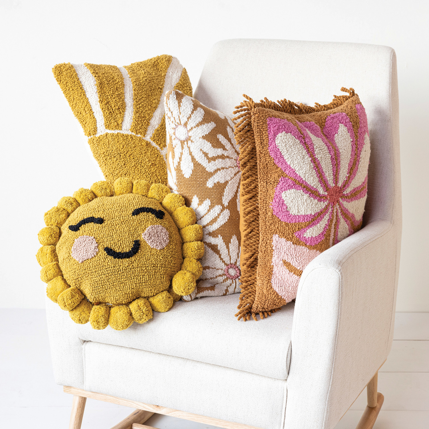 12" Round Cotton Tufted Sun Shaped Pillow w/ Face, Pom Pom Trim