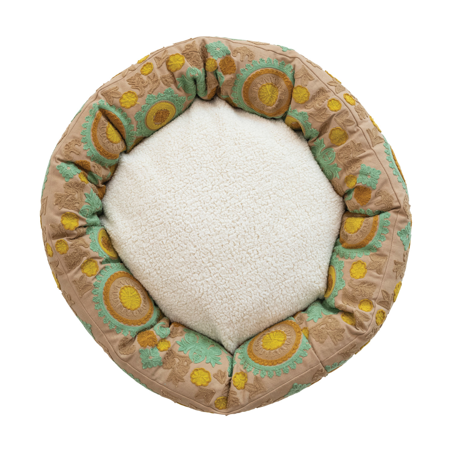 24" Round x 6"H Cotton Embroidered & Sherpa Pet Bed w/ Pattern