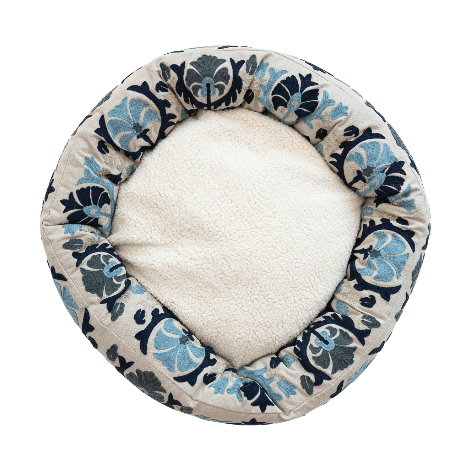 24" Round x 6"H Cotton Embroidered & Sherpa Pet Bed w/ Pattern