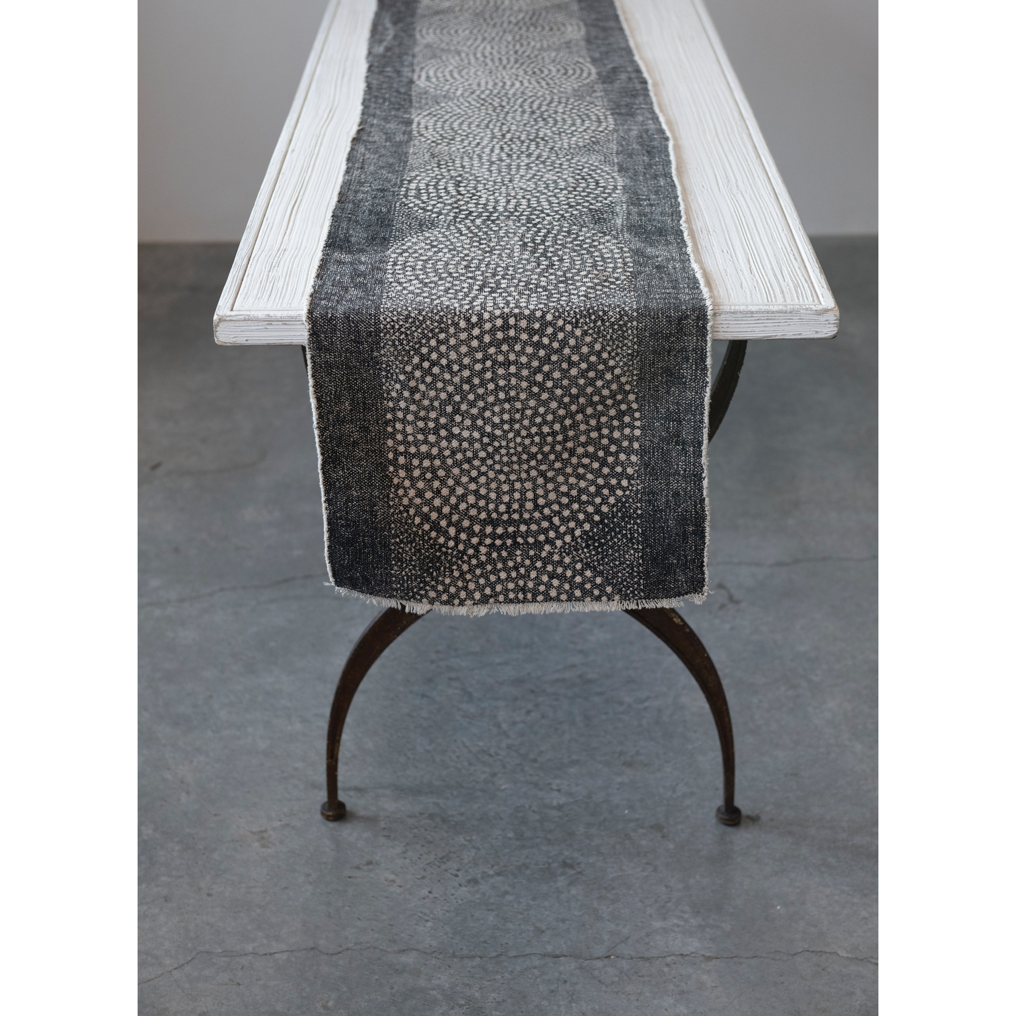 Stonewashed Cotton Canvas Table Runner with Dot Pattern and Frayed Edges