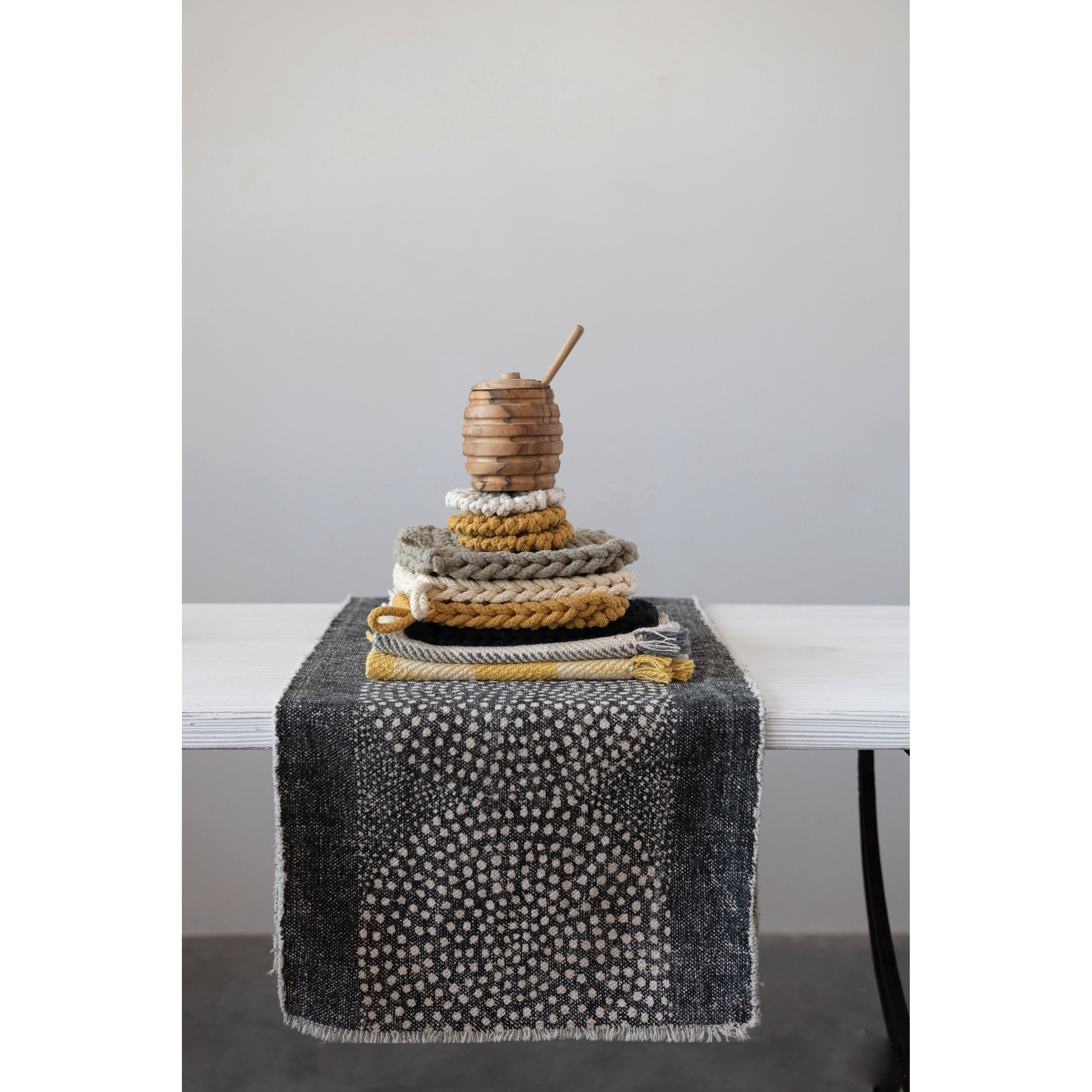 Stonewashed Cotton Canvas Table Runner with Dot Pattern and Frayed Edges
