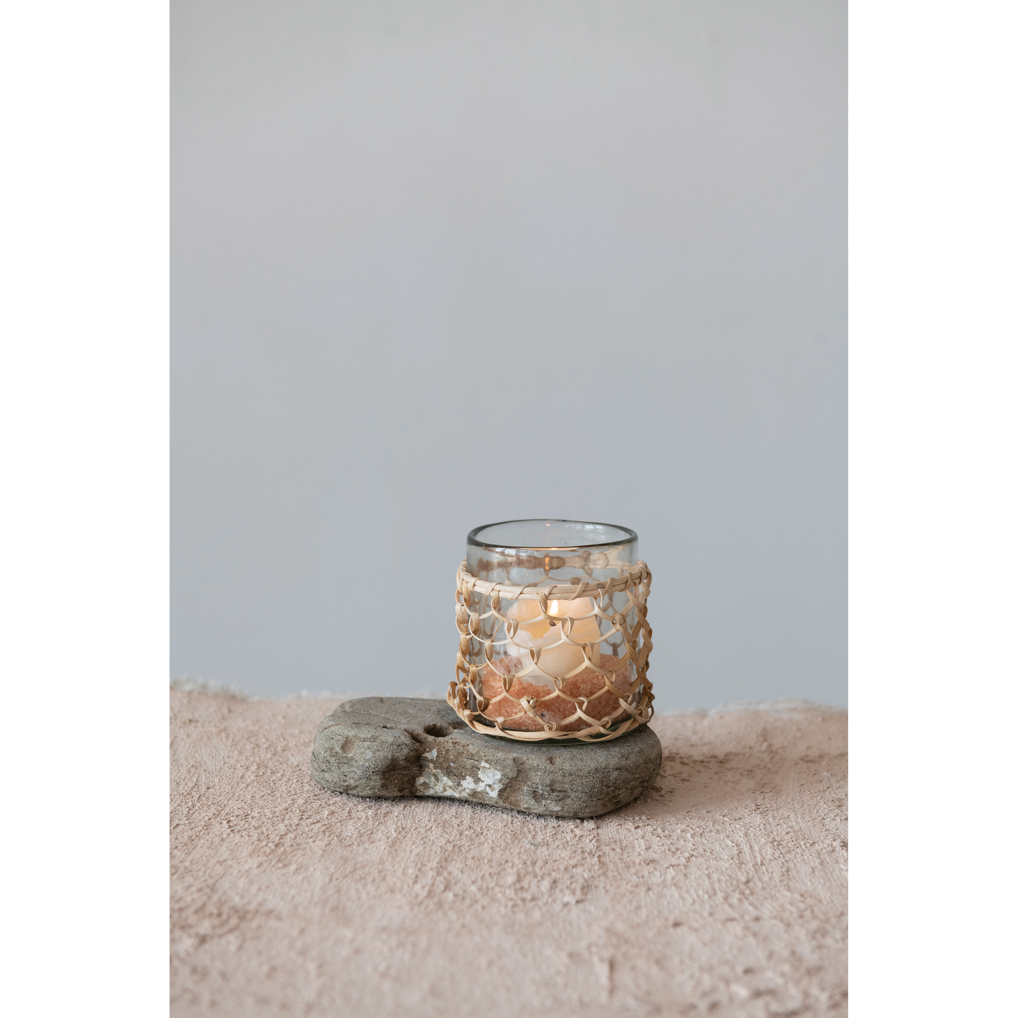 Glass Rattan Wrapped Votive Holder with Woven Rattan Sleeve